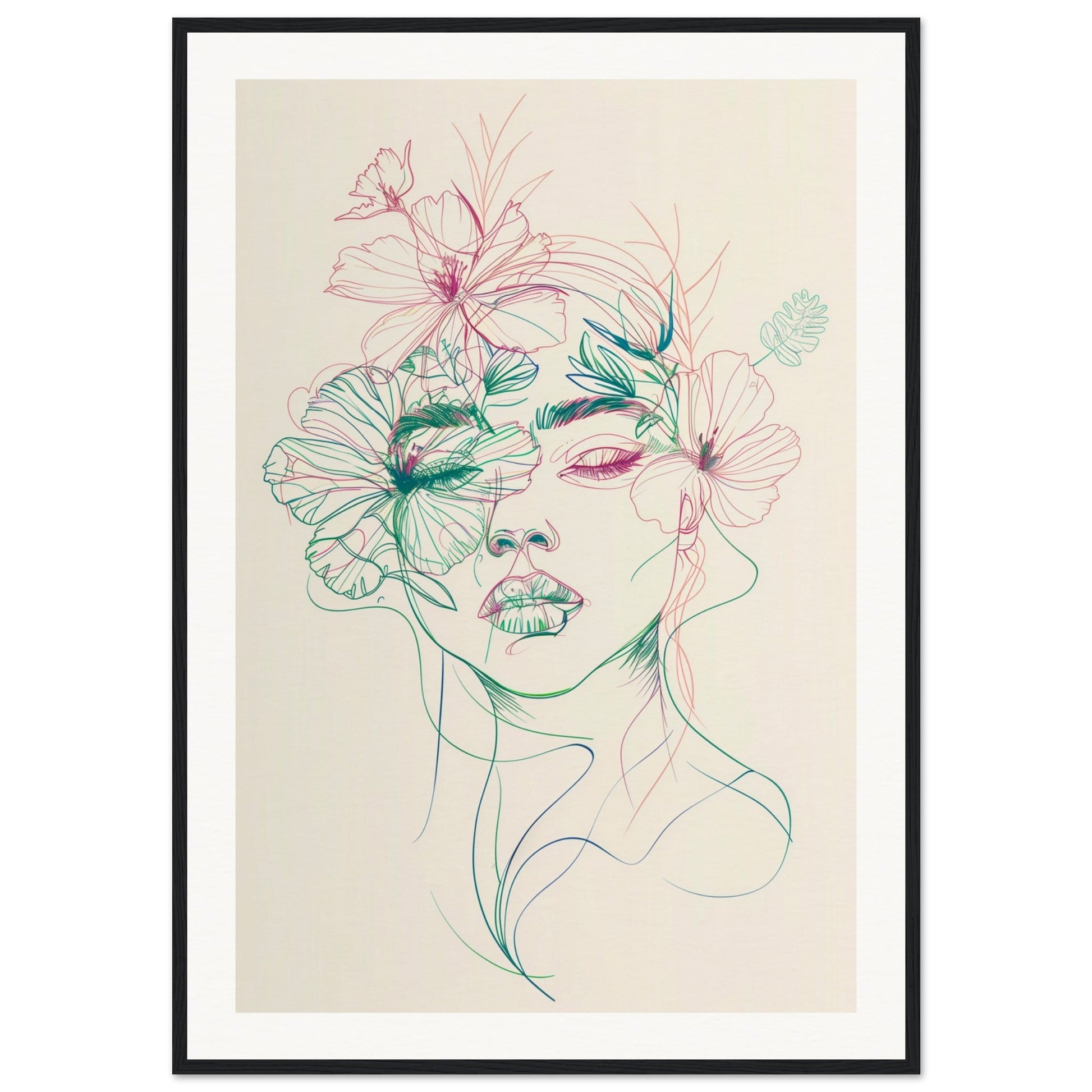 Affiche Femme Fleur ( 70x100-cm-Bois-noir)