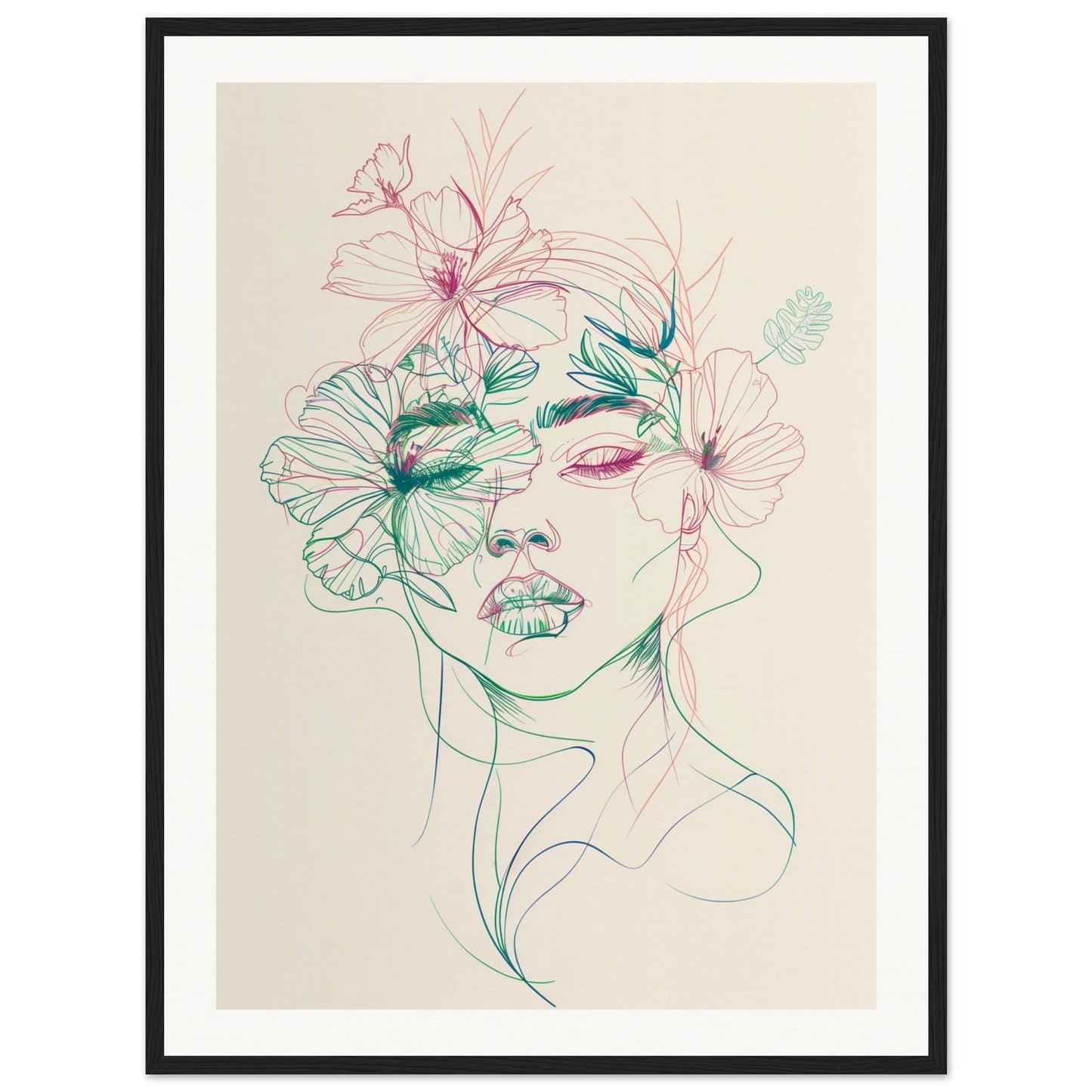 Affiche Femme Fleur ( 60x80-cm-Bois-noir)