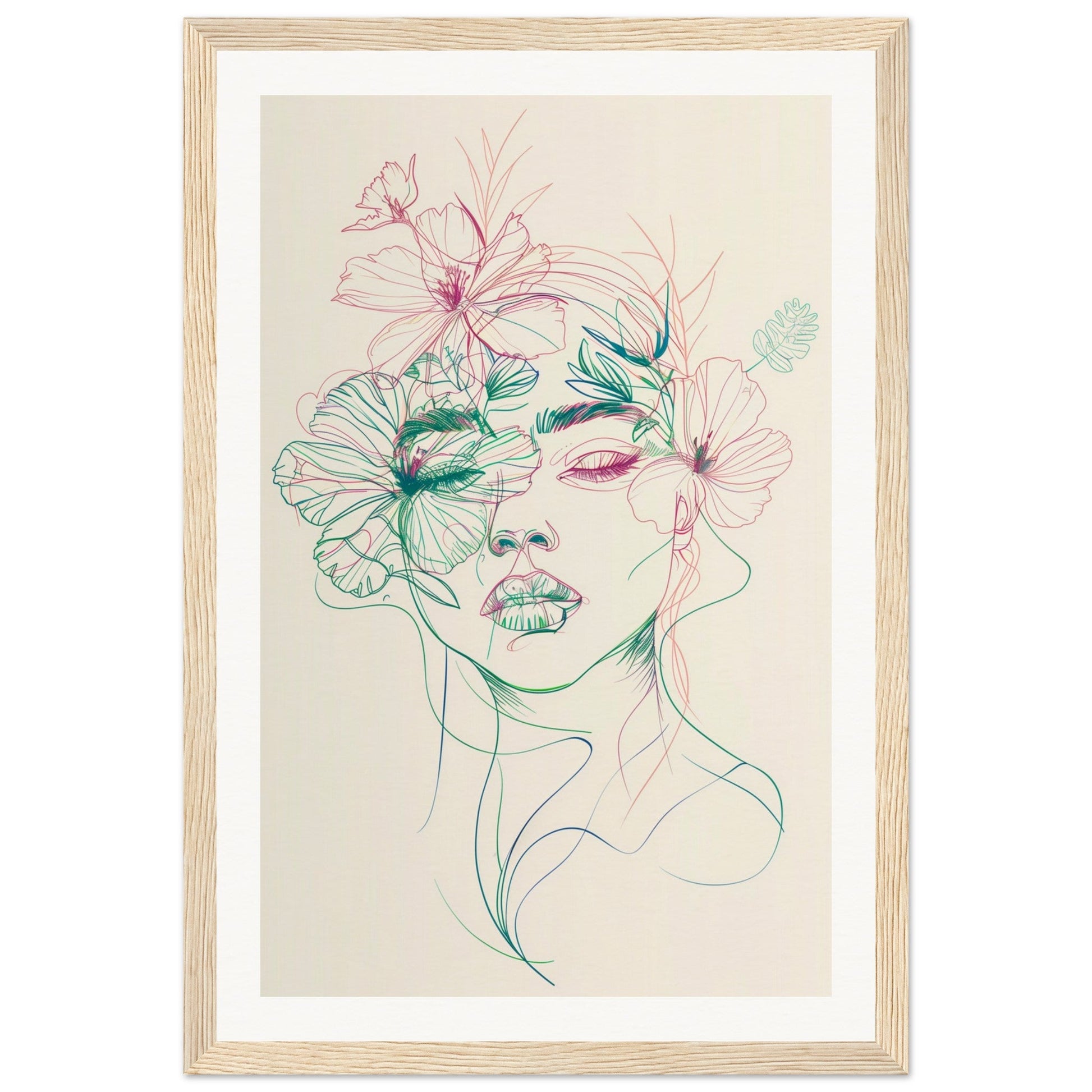 Affiche Femme Fleur ( 30x45-cm-Bois-clair)