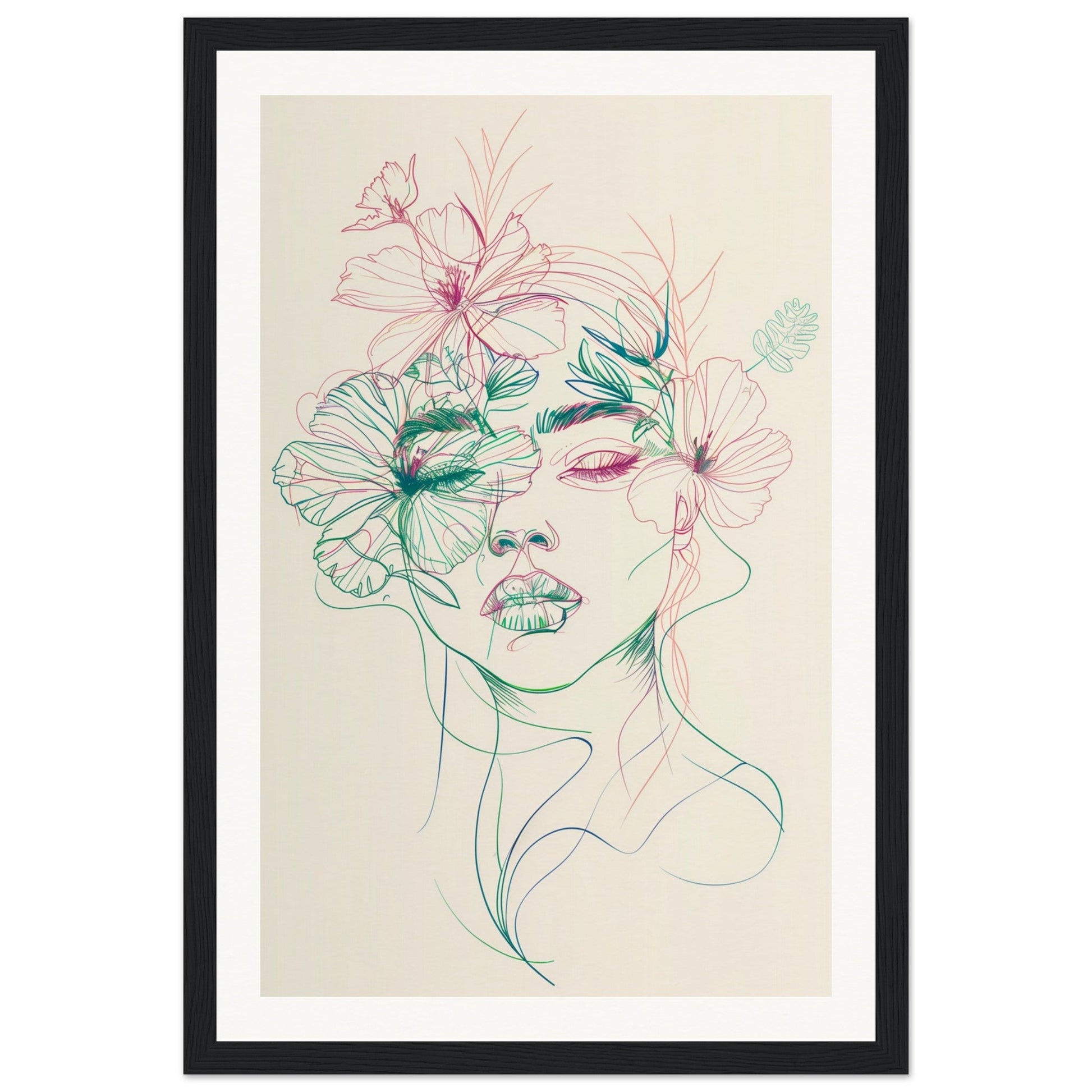 Affiche Femme Fleur ( 30x45-cm-Bois-noir)