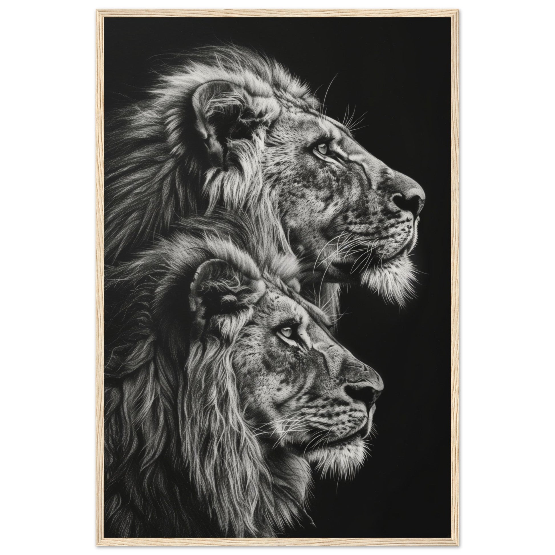 Affiche Lion Noir et Blanc ( 60x90-cm-Bois-clair)