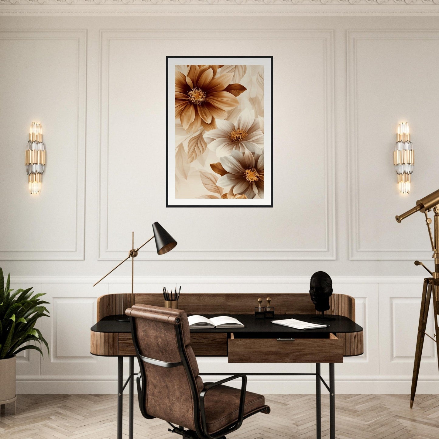 Affiche Marron Et Beige Fleurs ( )