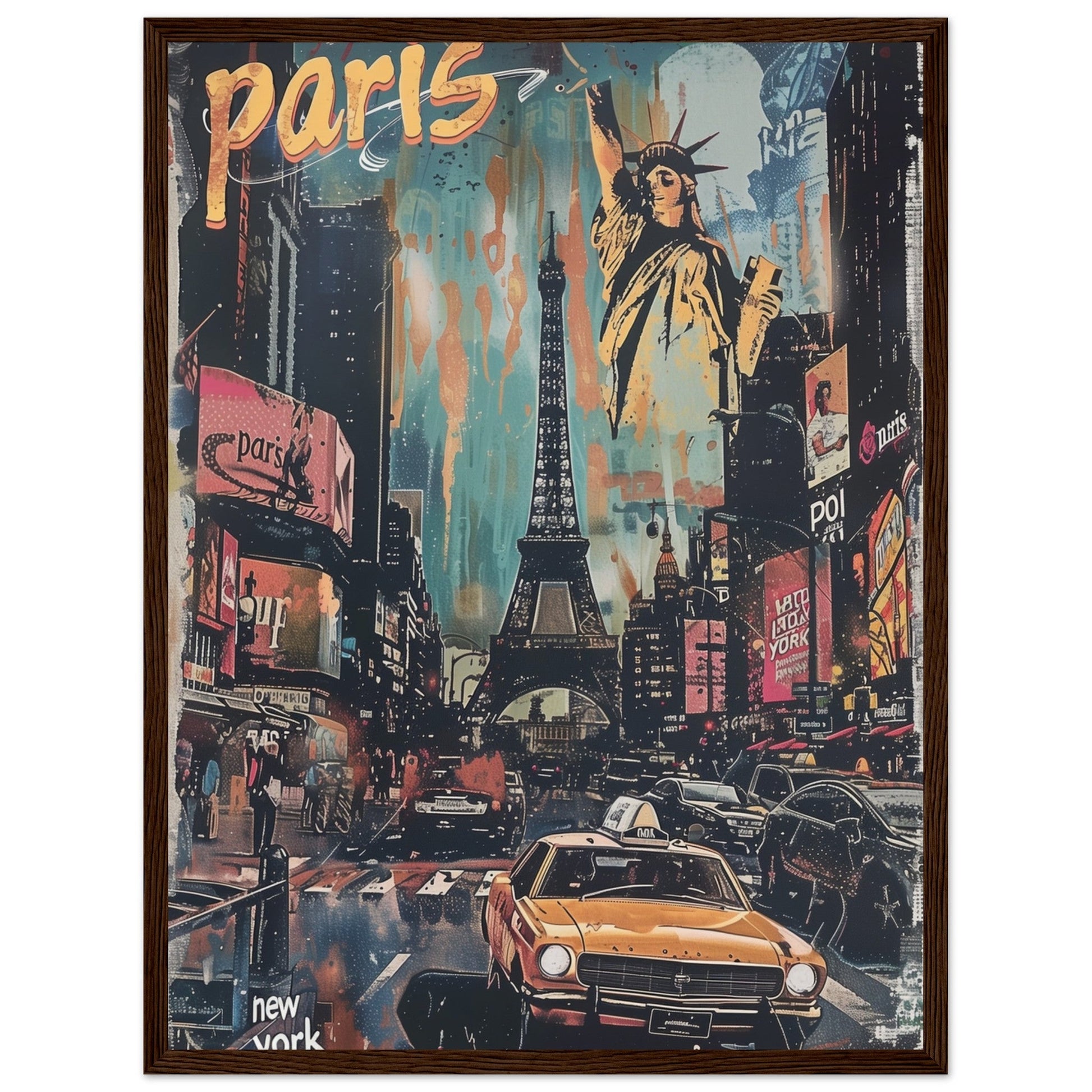 Affiche Paris New York ( 45x60-cm-Bois-foncé)