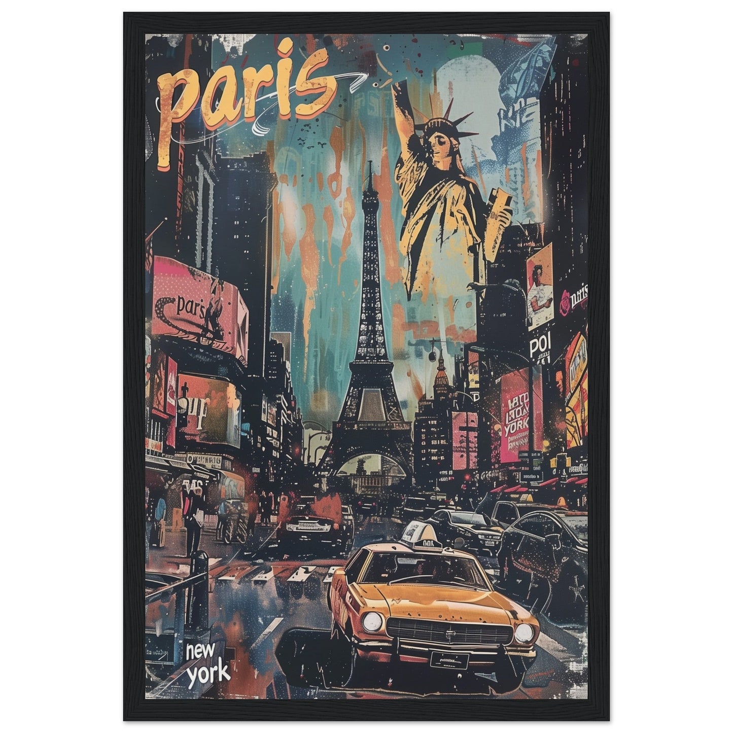 Affiche Paris New York ( 30x45-cm-Bois-noir)