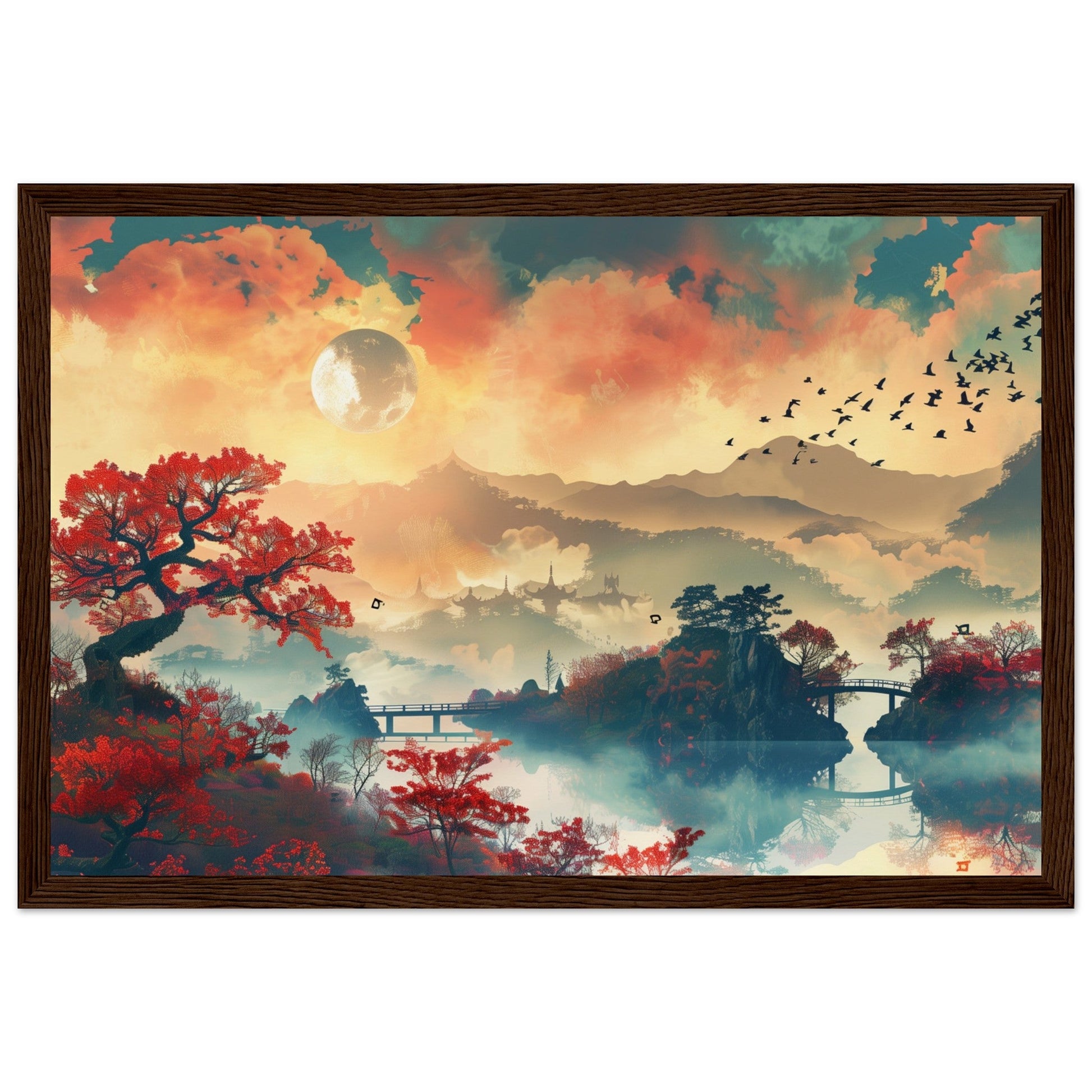 Affiche Paysage Japonais ( 30x45-cm-Bois-foncé)