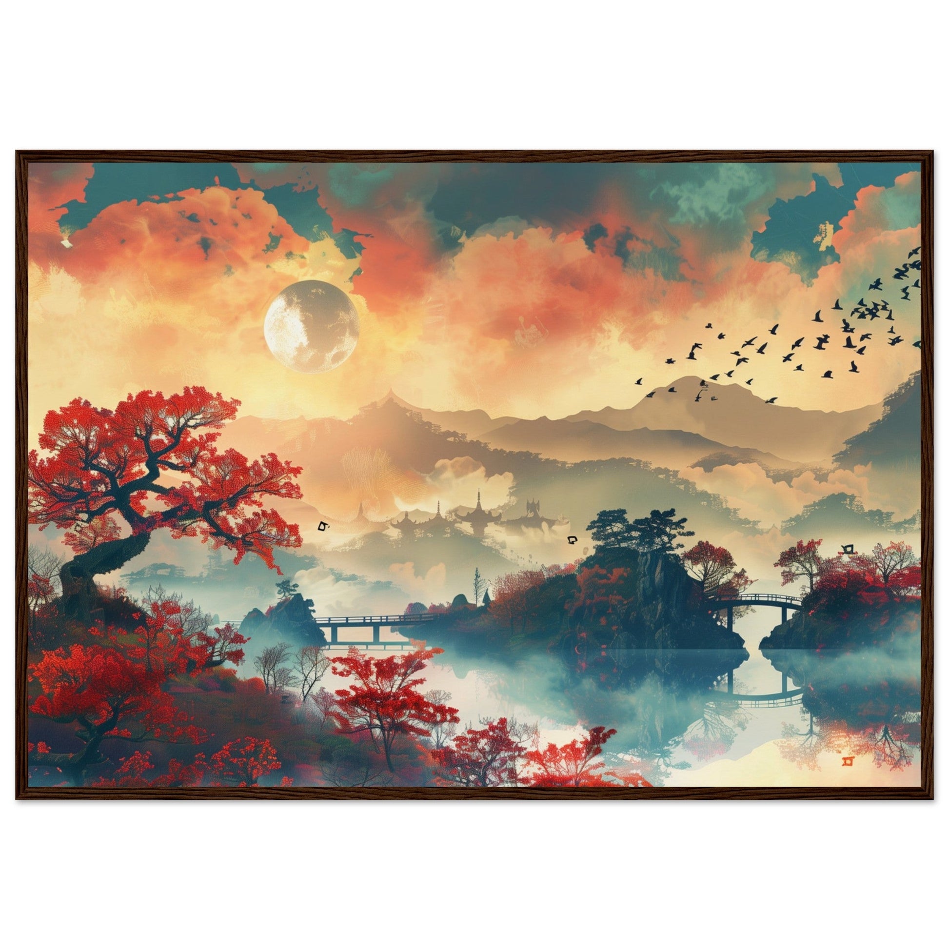 Affiche Paysage Japonais ( 70x100-cm-Bois-foncé)