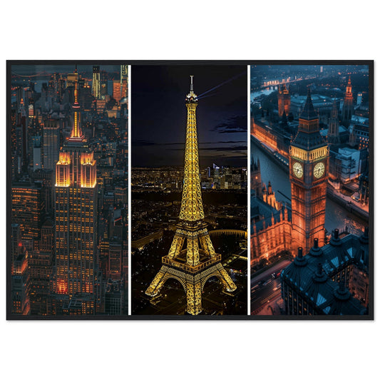 Affiche Photographie Paris - New york - Londres ( 70x100-cm-Bois-noir)