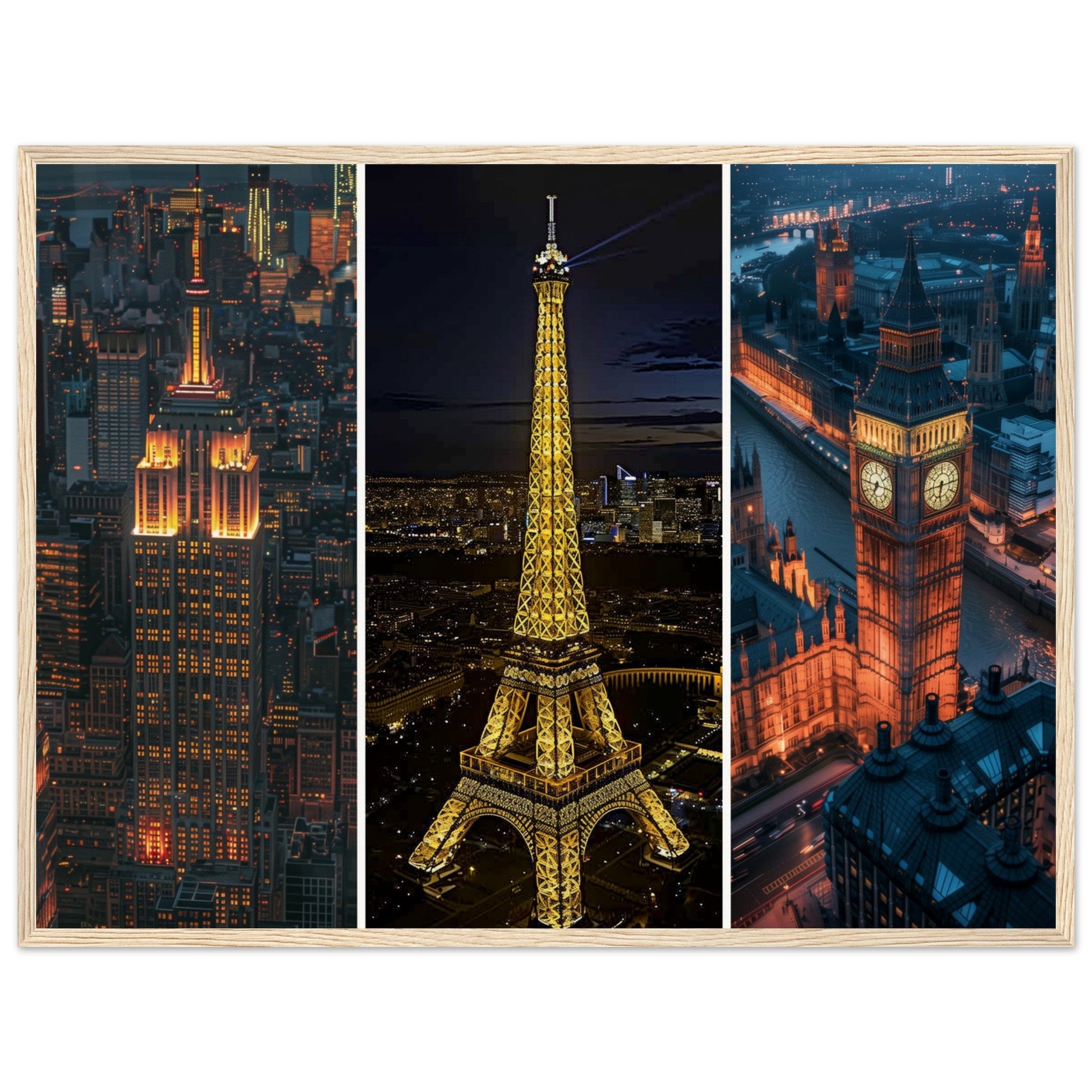 Affiche Photographie Paris - New york - Londres ( 60x80-cm-Bois-clair)