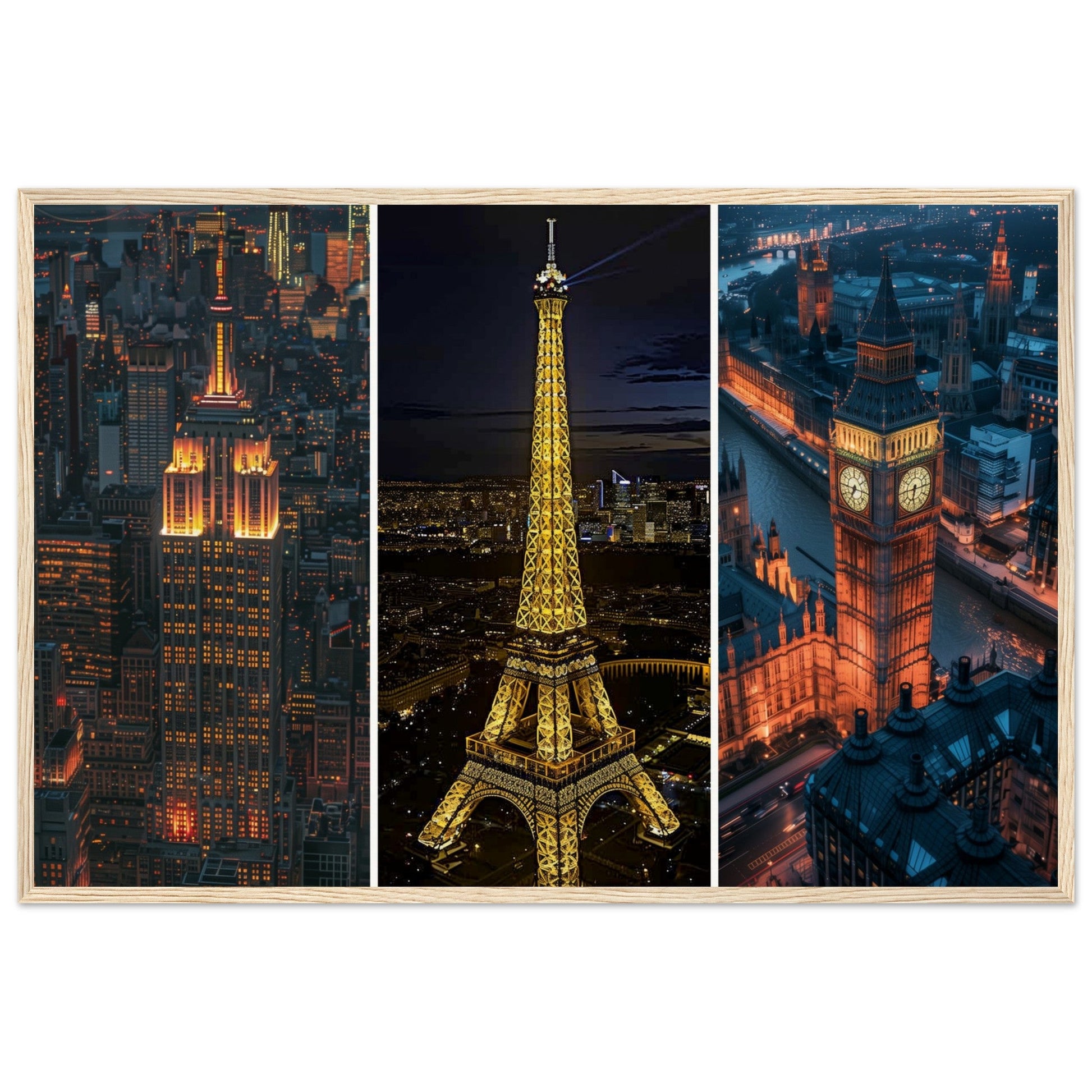 Affiche Photographie Paris - New york - Londres ( 60x90-cm-Bois-clair)