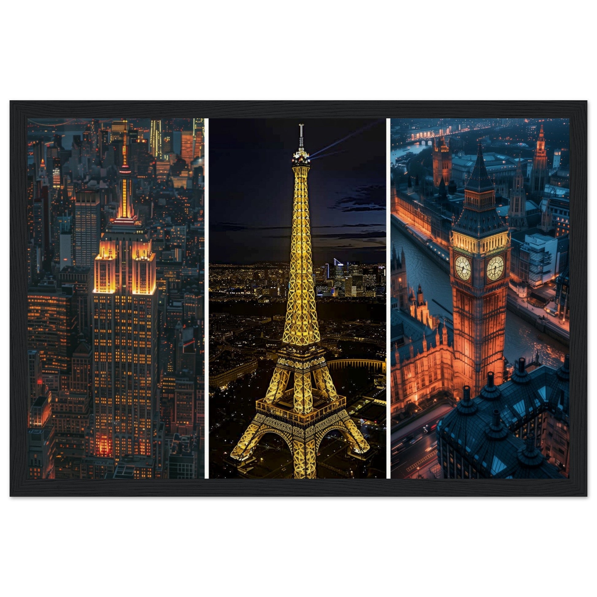 Affiche Photographie Paris - New york - Londres ( 30x45-cm-Bois-noir)