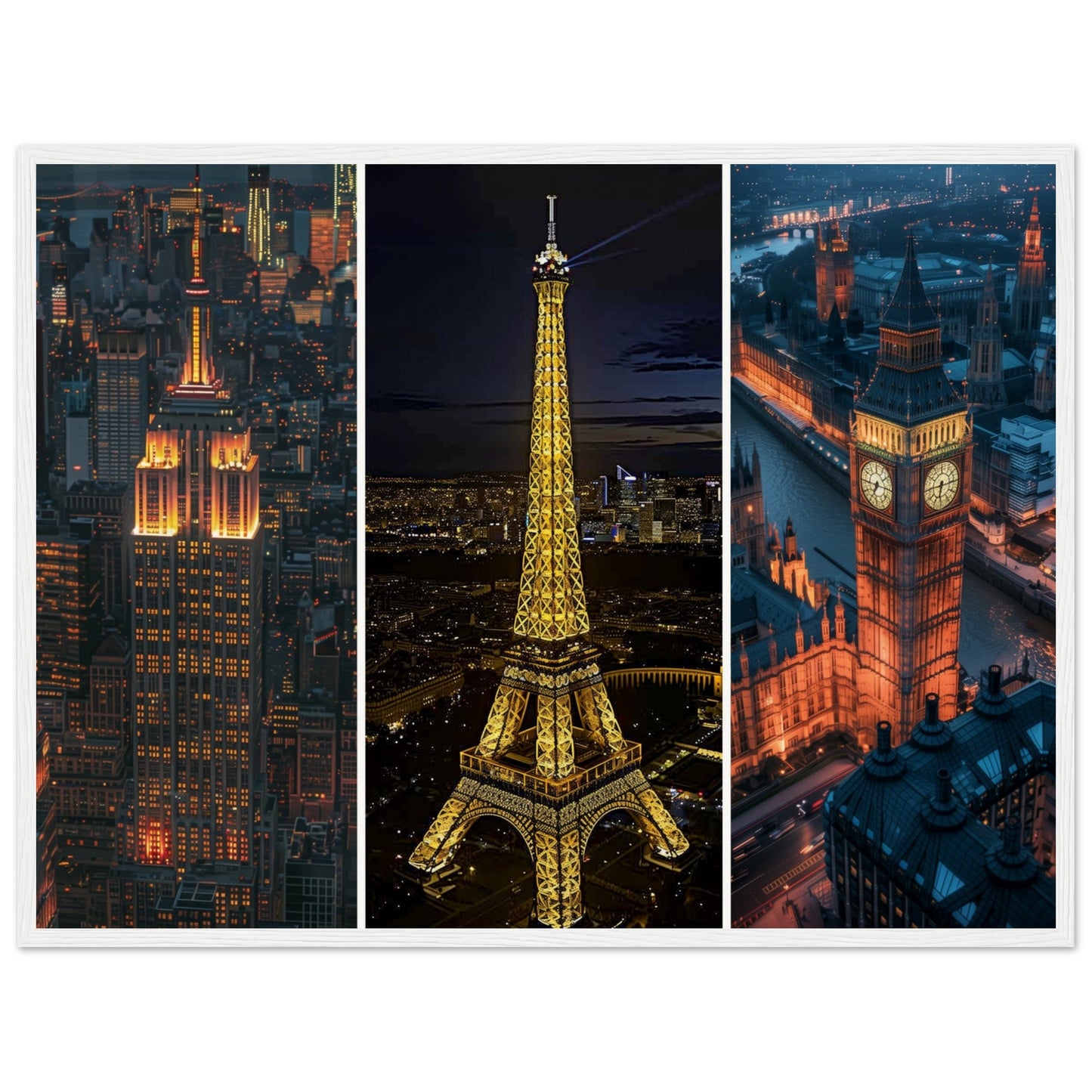 Affiche Photographie Paris - New york - Londres ( 60x80-cm-Bois-blanc)