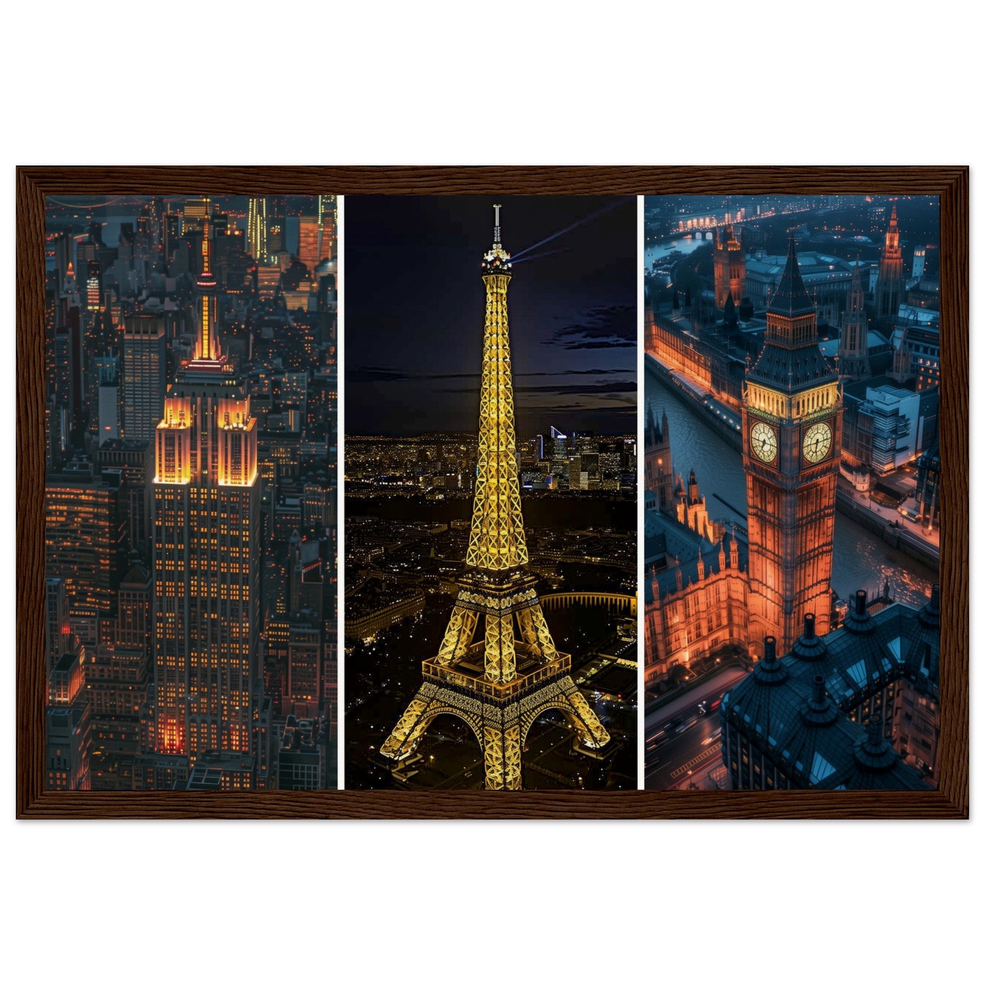 Affiche Photographie Paris - New york - Londres ( 30x45-cm-Bois-foncé)