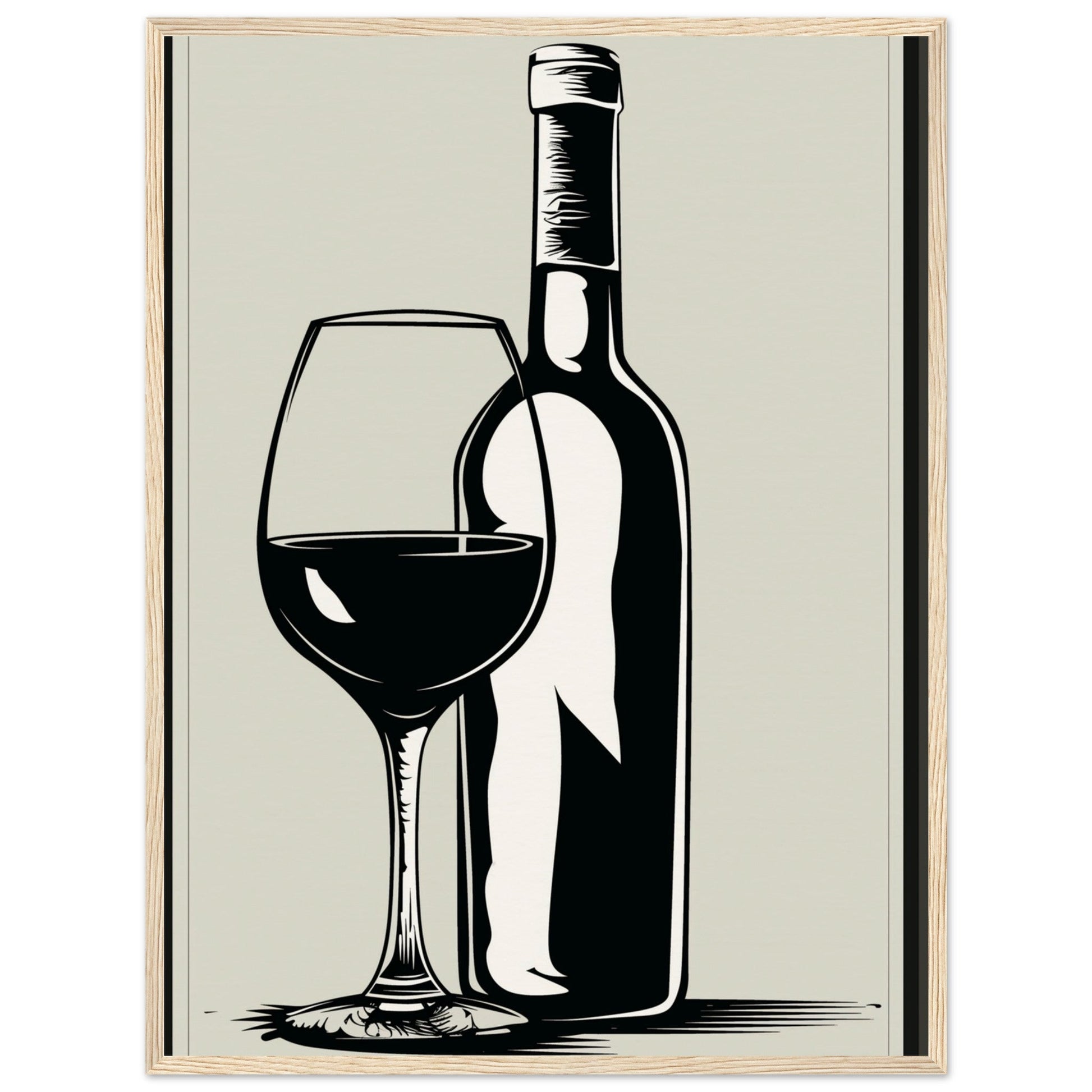 Affiche Poster Noir et Blanc Cuisine Bouteille Vin ( 60x80-cm-Bois-clair)