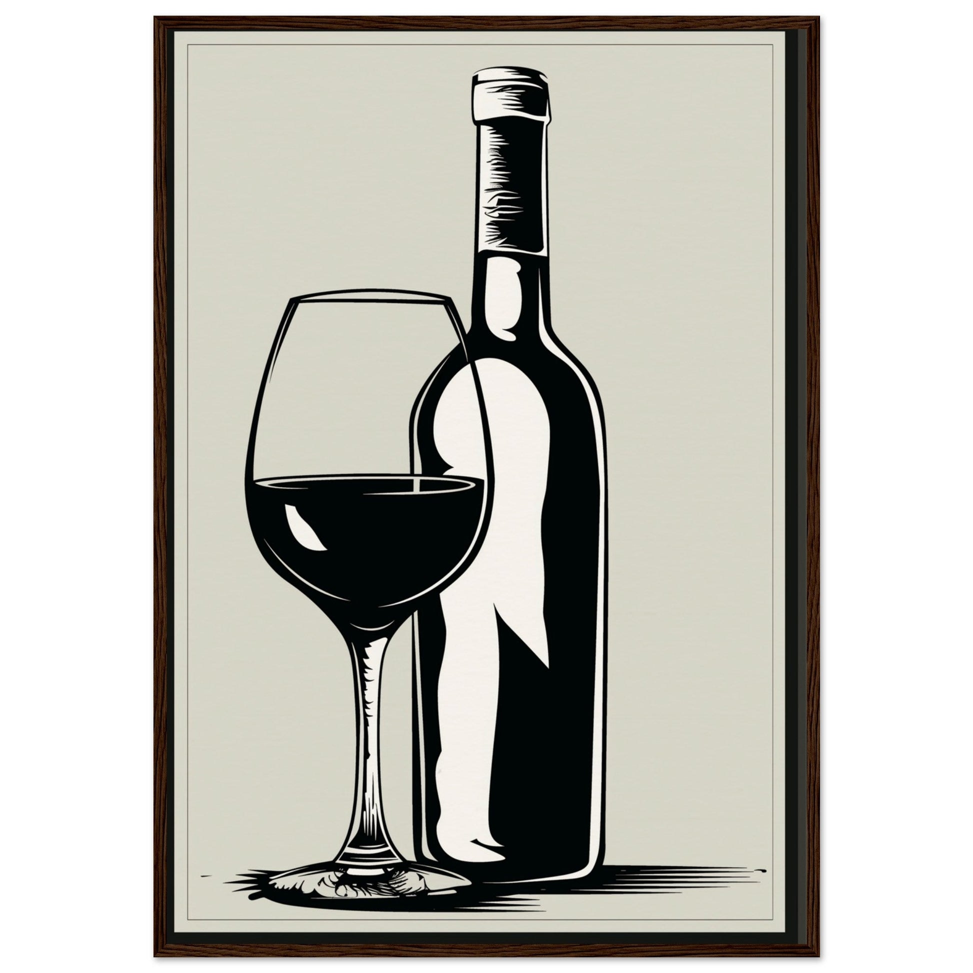 Affiche Poster Noir et Blanc Cuisine Bouteille Vin ( 70x100-cm-Bois-foncé)