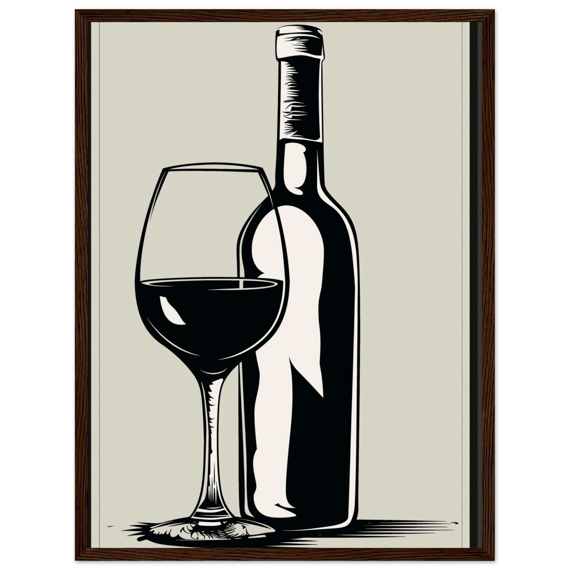 Affiche Poster Noir et Blanc Cuisine Bouteille Vin ( 45x60-cm-Bois-foncé)