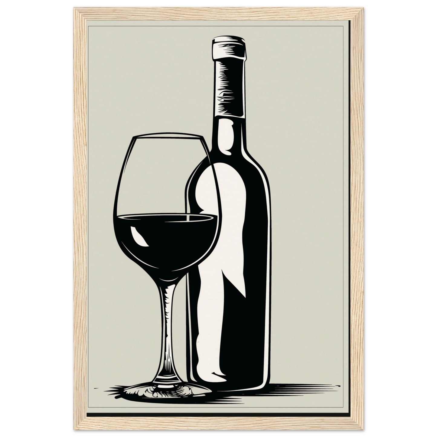 Affiche Poster Noir et Blanc Cuisine Bouteille Vin ( 30x45-cm-Bois-clair)