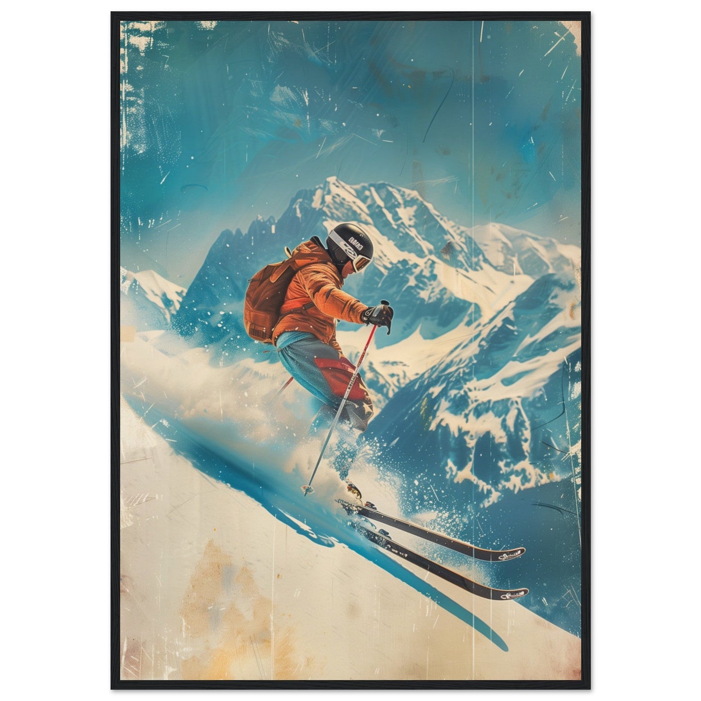 Affiche Retro Ski ( 70x100-cm-Bois-noir)