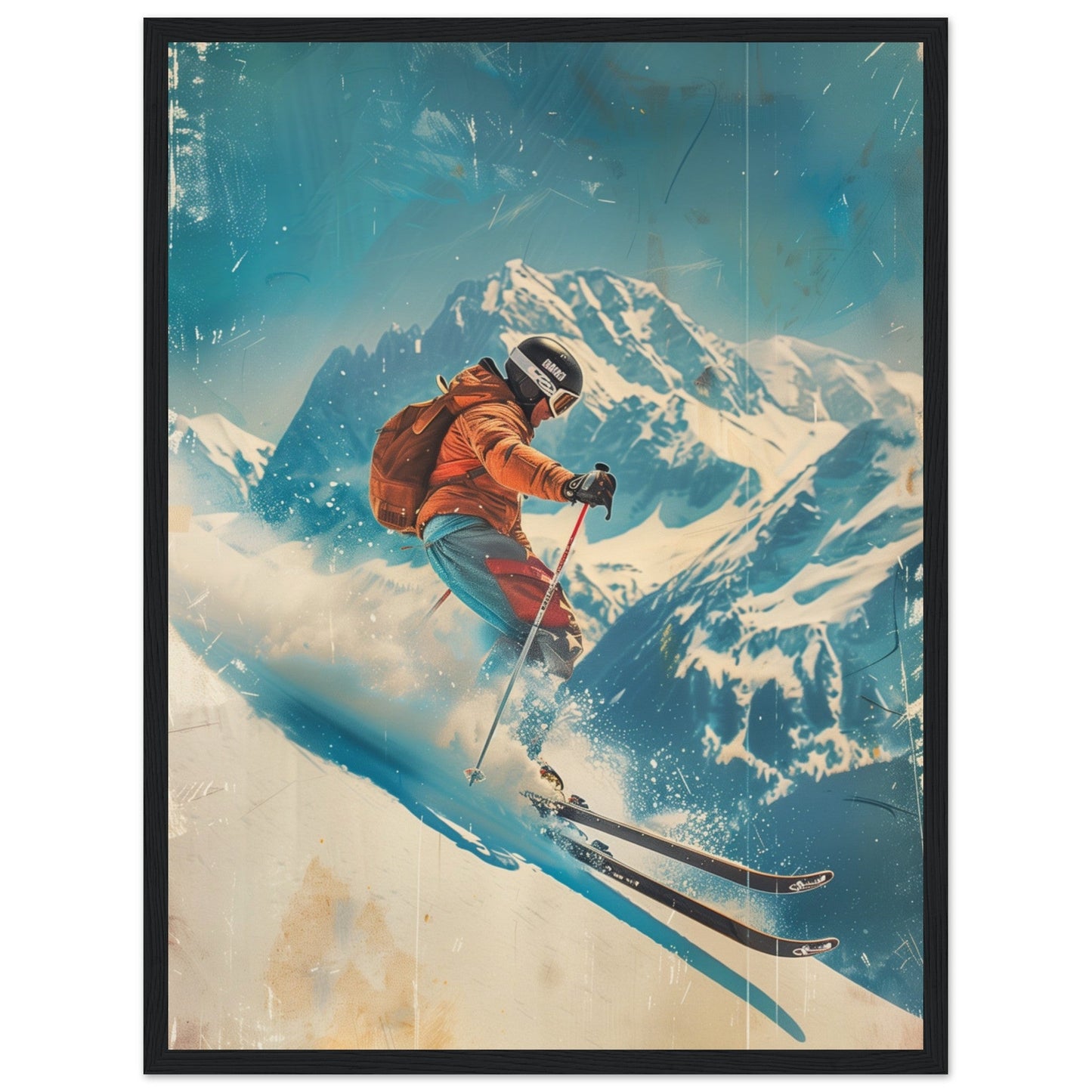 Affiche Retro Ski ( 45x60-cm-Bois-noir)