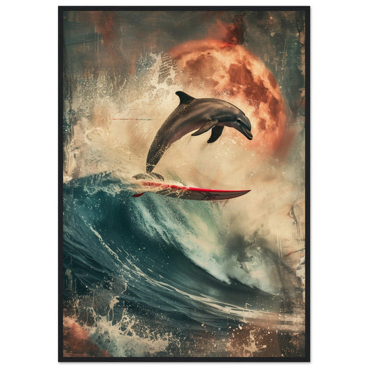 Affiche Surf Dauphin ( 70x100-cm-Bois-noir)