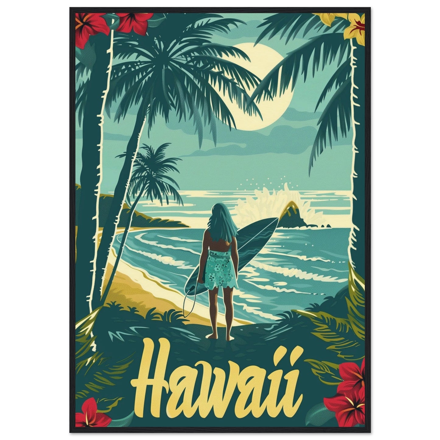 Affiche Surf Hawaii ( 70x100-cm-Bois-noir)