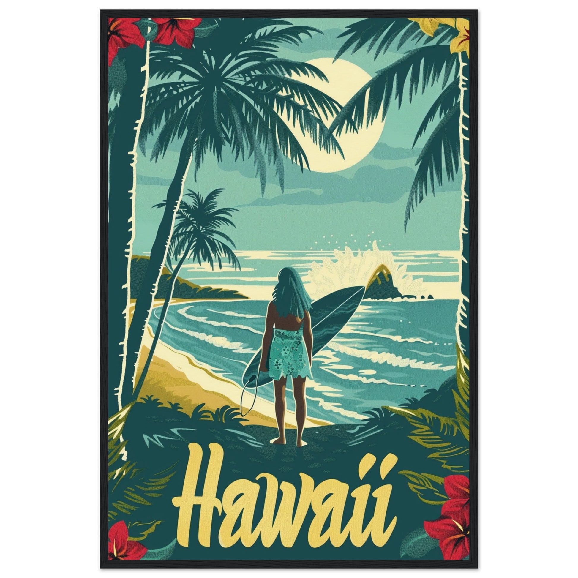 Affiche Surf Hawaii ( 60x90-cm-Bois-noir)