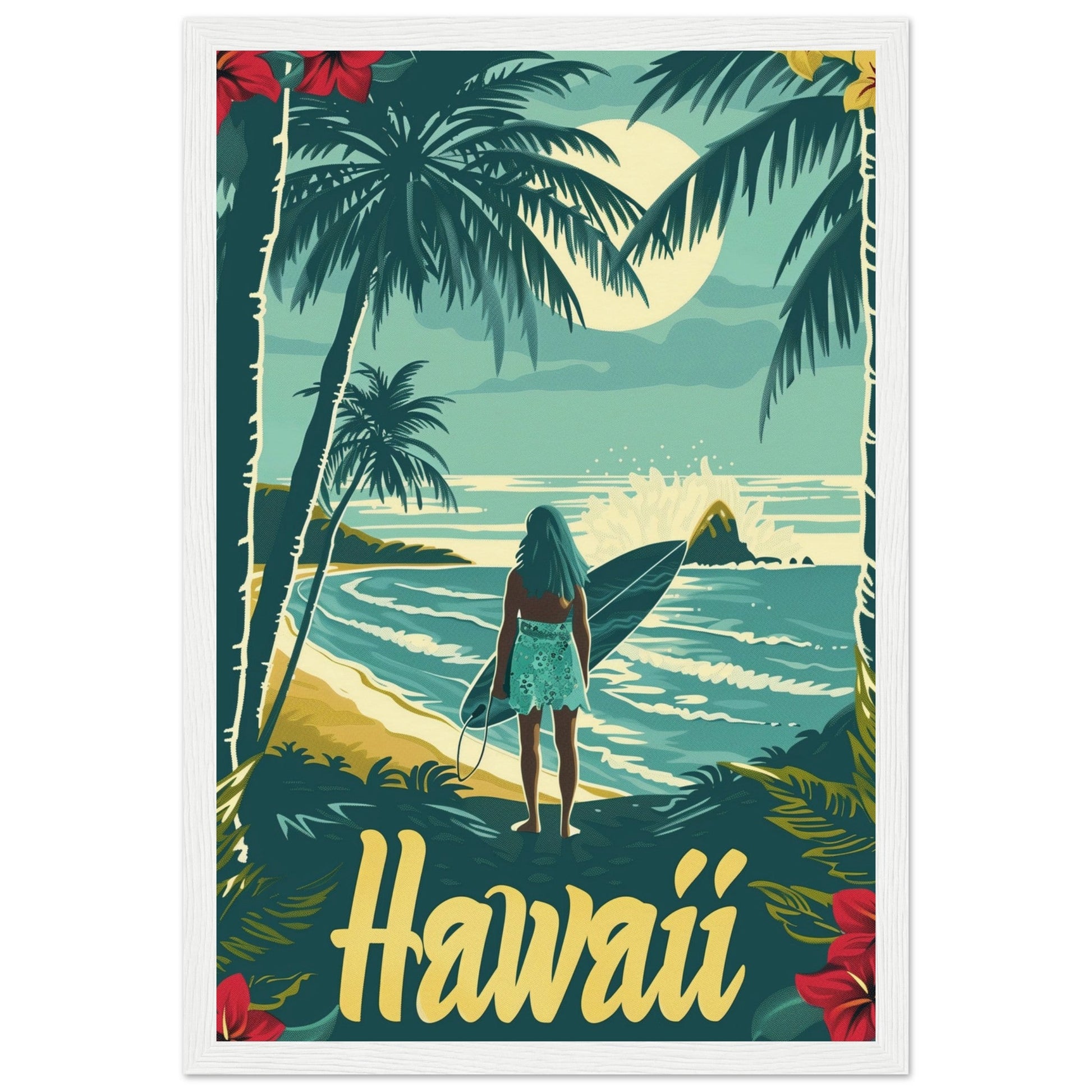 Affiche Surf Hawaii ( 30x45-cm-Bois-blanc)