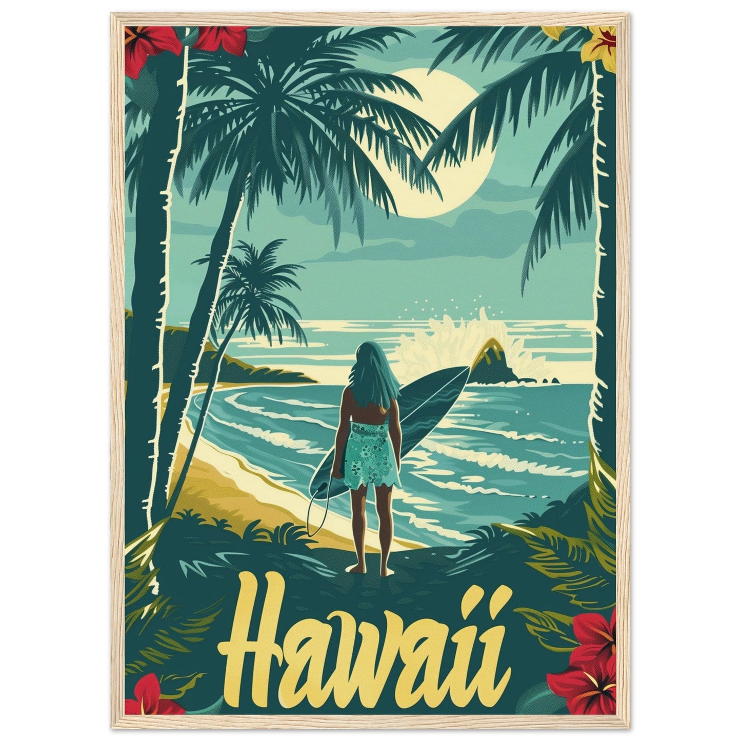 Affiche Surf Hawaii ( 50x70-cm-Bois-clair)