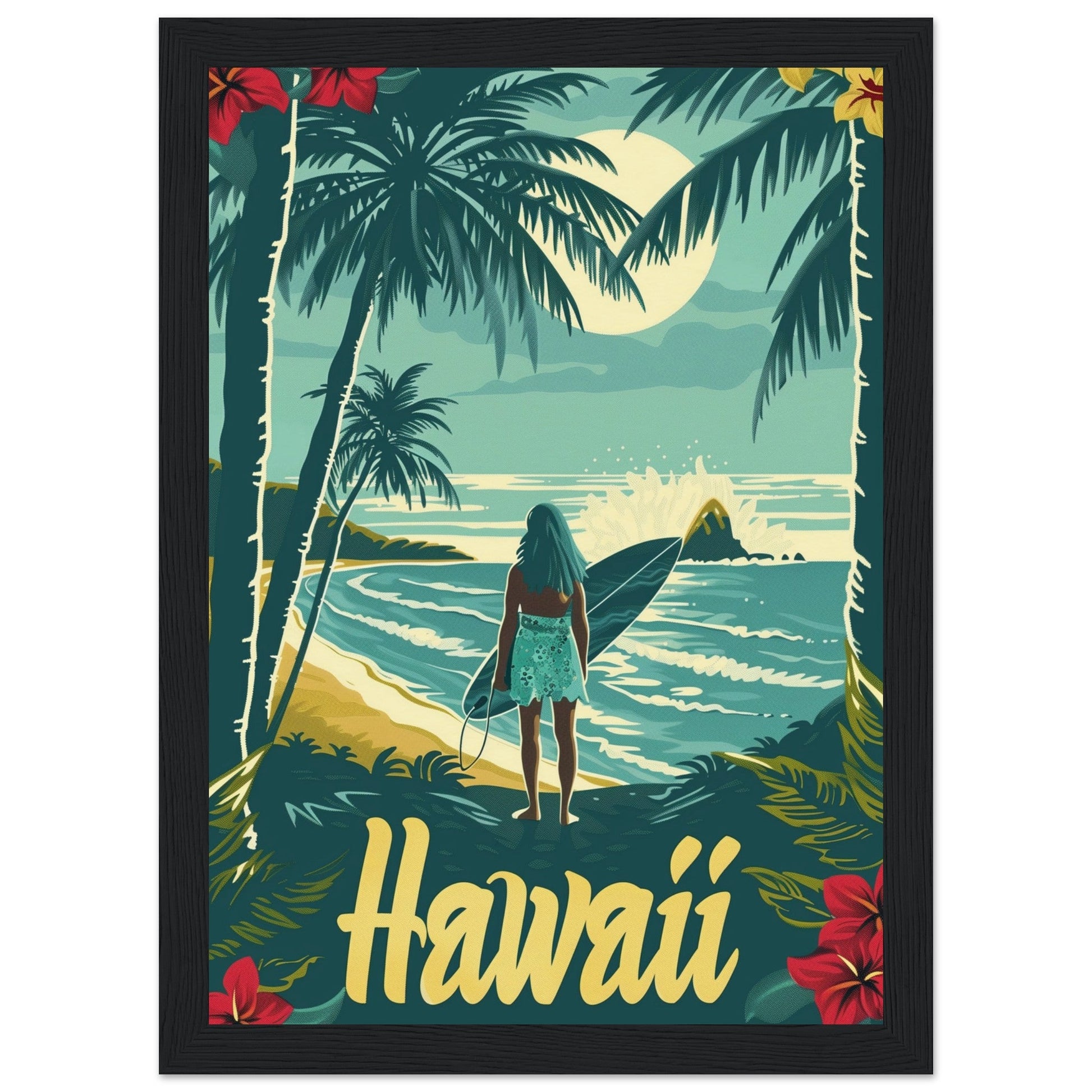 Affiche Surf Hawaii ( 21x29.7-cm-Bois-noir)