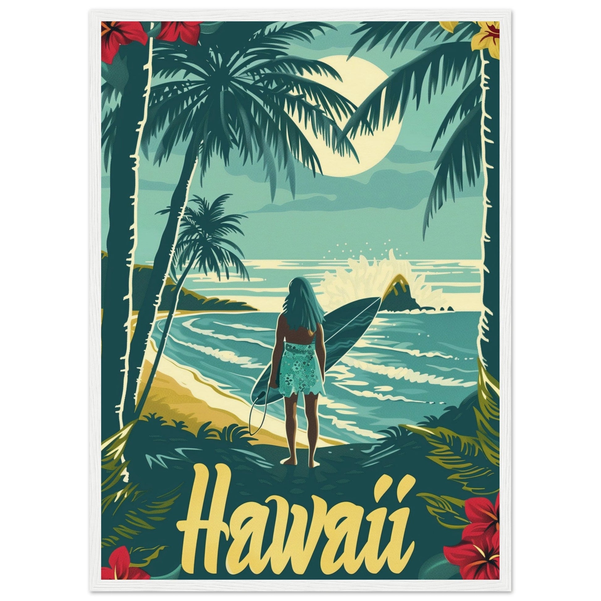 Affiche Surf Hawaii ( 50x70-cm-Bois-blanc)