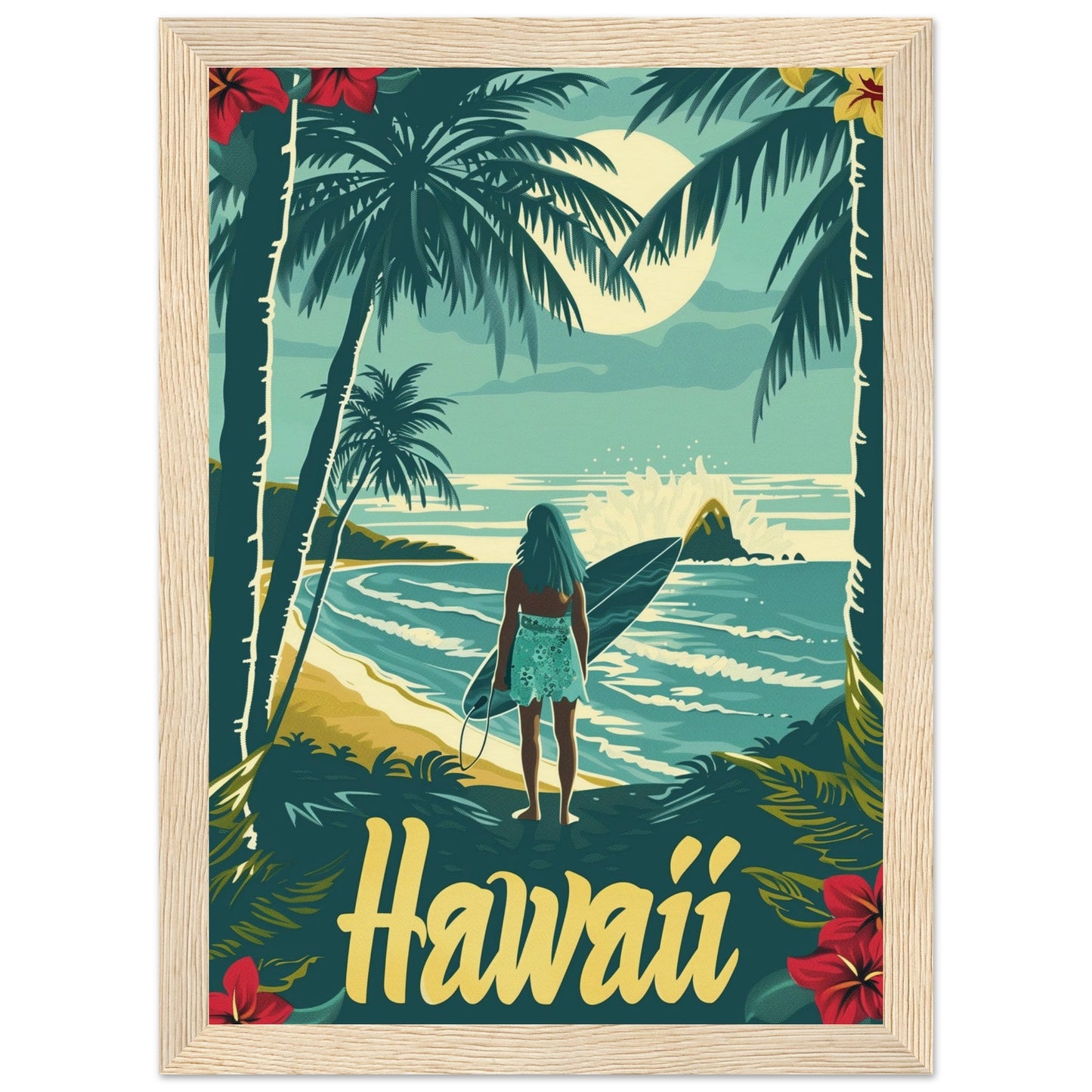 Affiche Surf Hawaii ( 21x29.7-cm-Bois-clair)