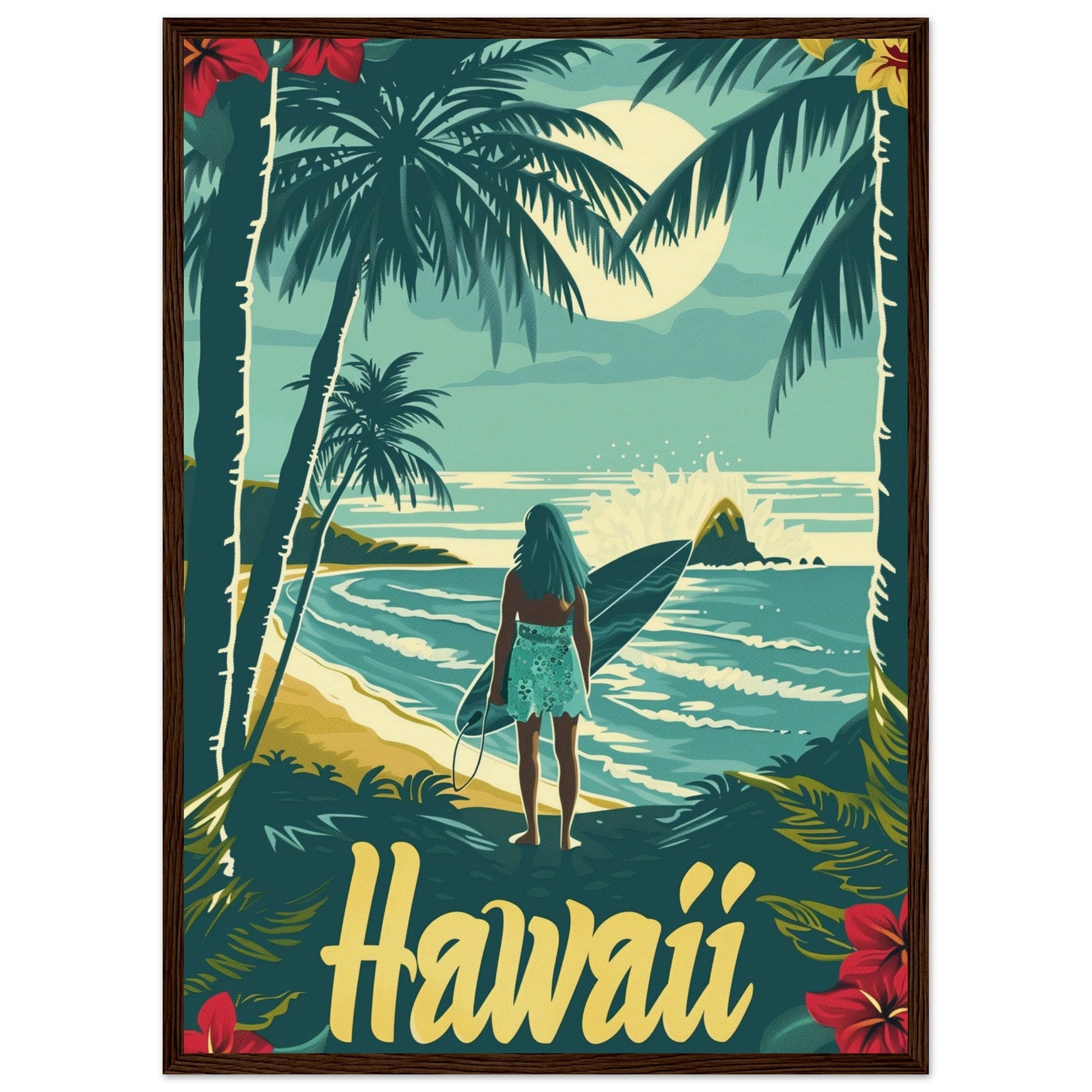 Affiche Surf Hawaii ( 50x70-cm-Bois-foncé)