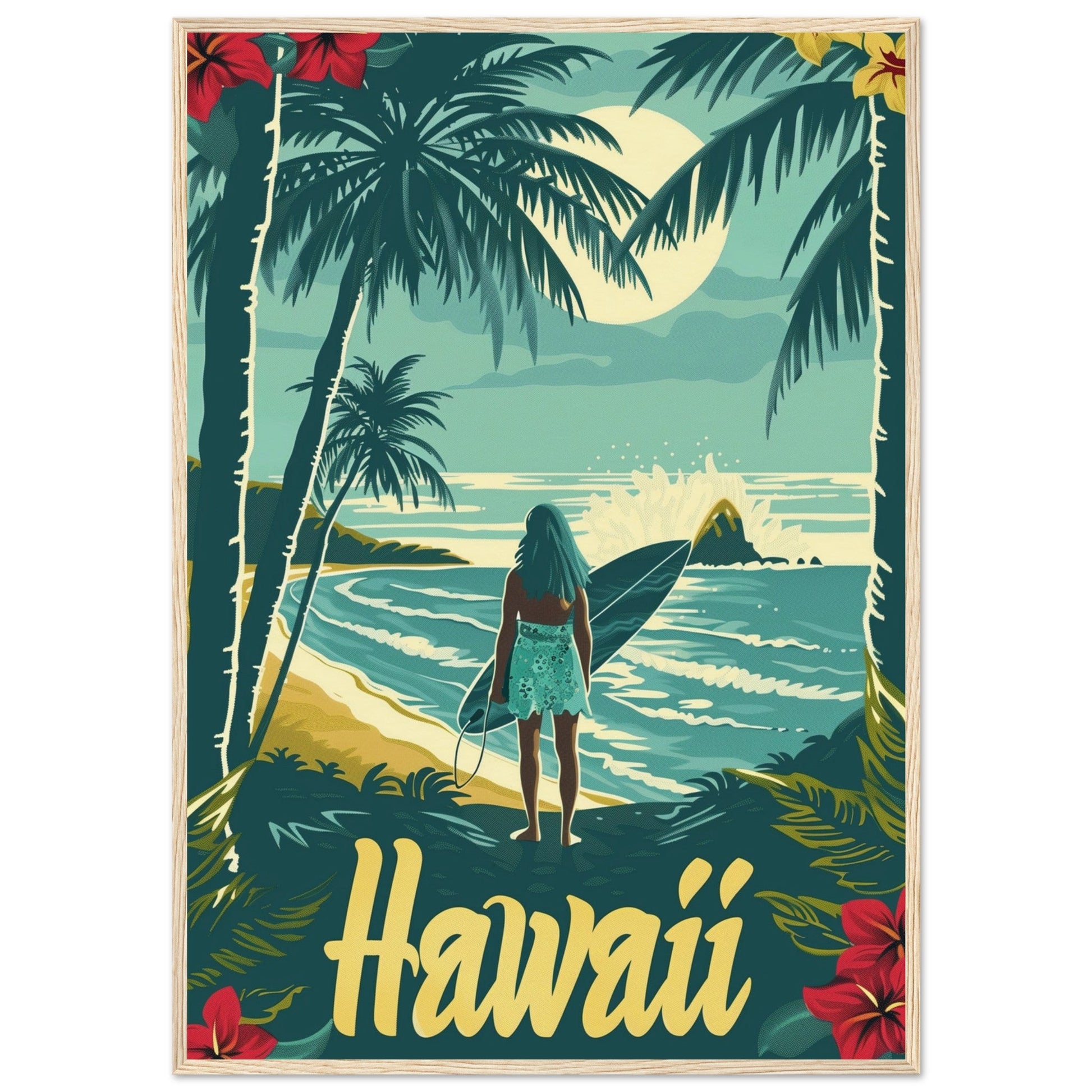 Affiche Surf Hawaii ( 70x100-cm-Bois-clair)