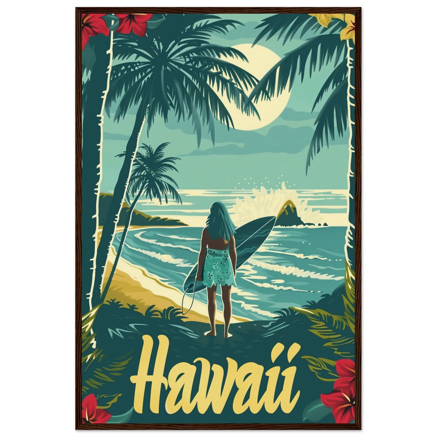 Affiche Surf Hawaii ( 60x90-cm-Bois-foncé)