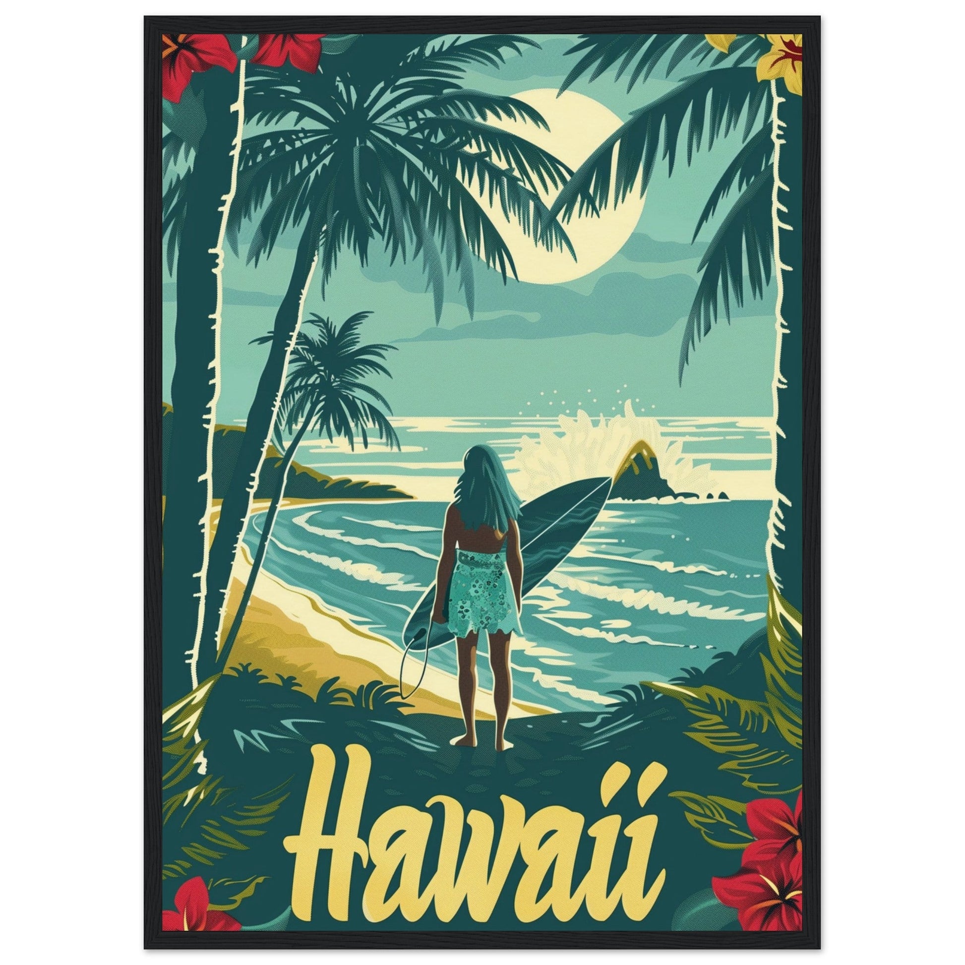 Affiche Surf Hawaii ( 50x70-cm-Bois-noir)