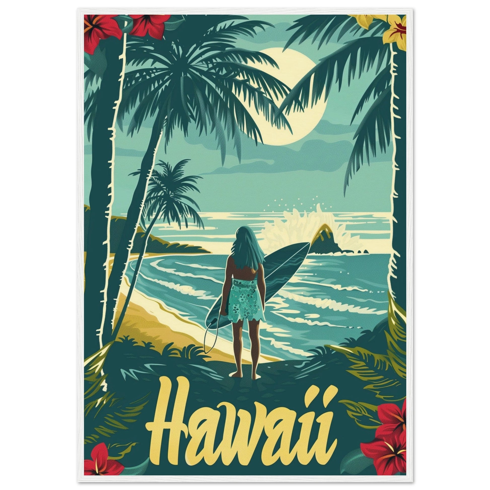 Affiche Surf Hawaii ( 70x100-cm-Bois-blanc)