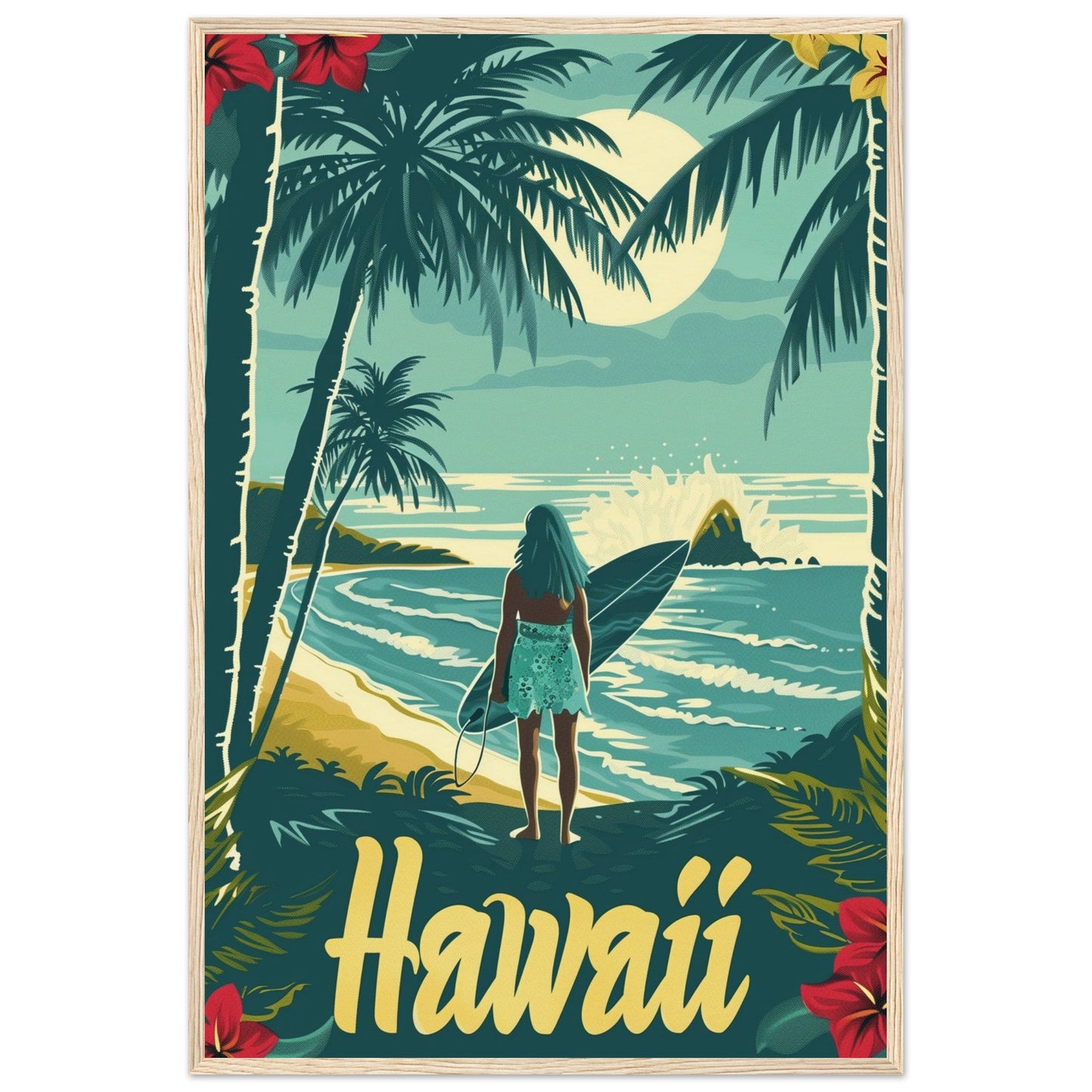 Affiche Surf Hawaii ( 60x90-cm-Bois-clair)