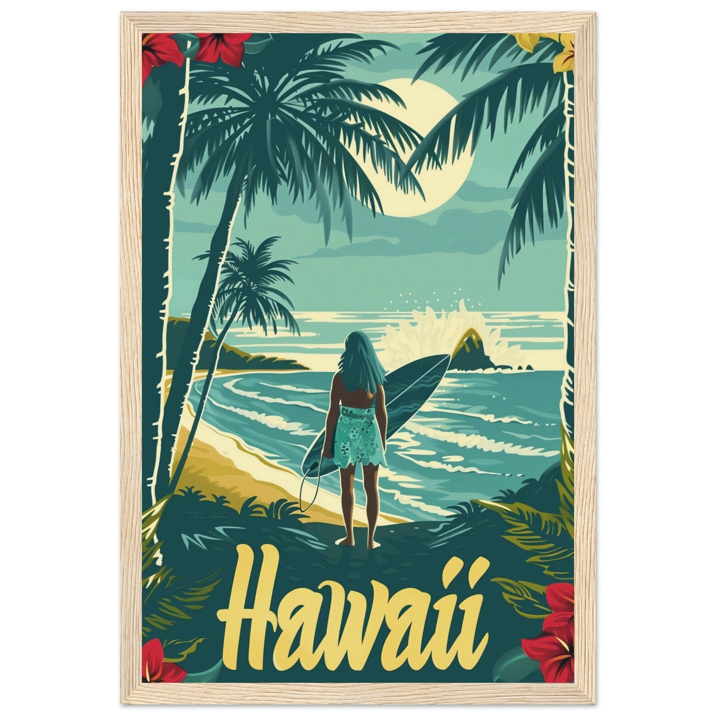 Affiche Surf Hawaii ( 30x45-cm-Bois-clair)