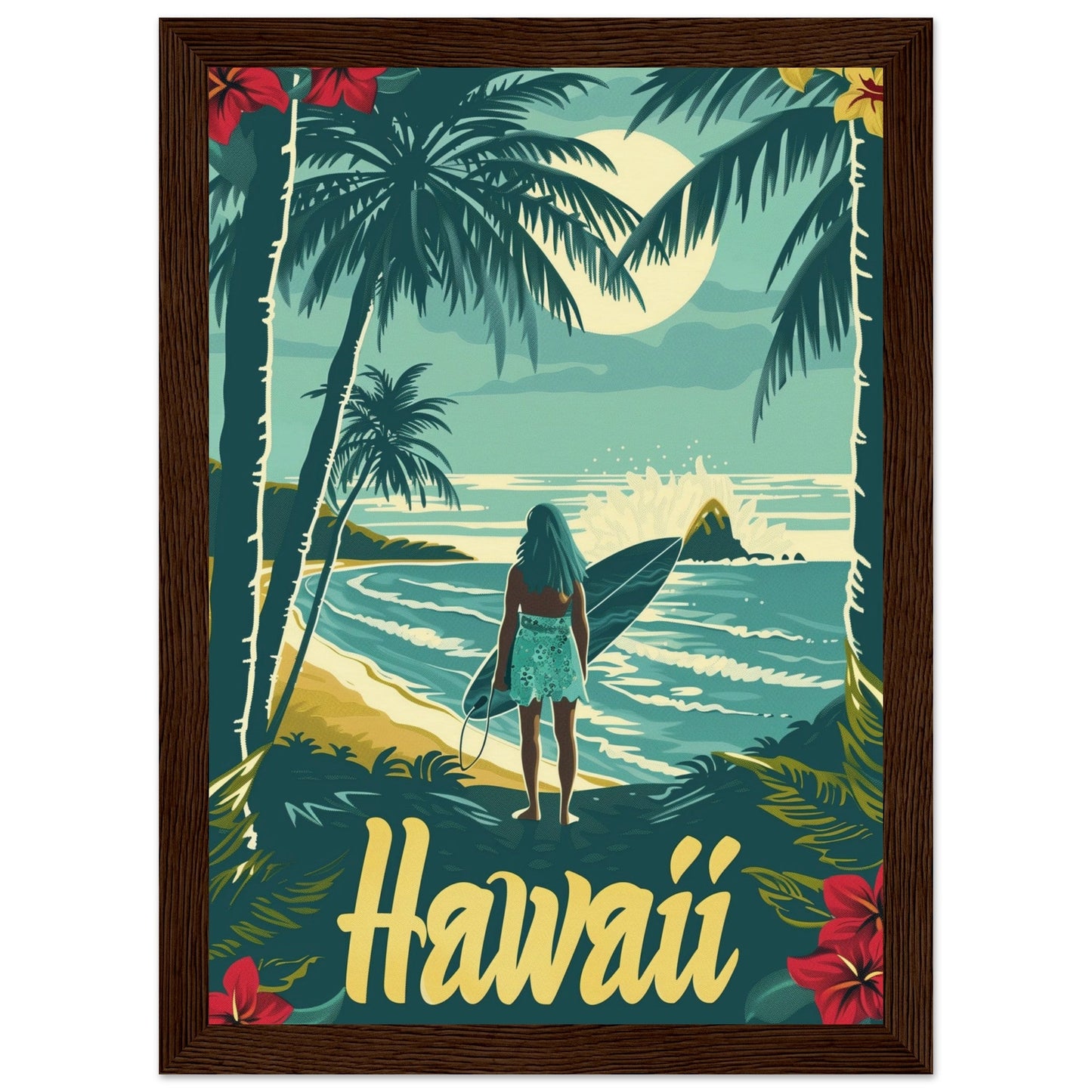 Affiche Surf Hawaii ( 21x29.7-cm-Bois-foncé)