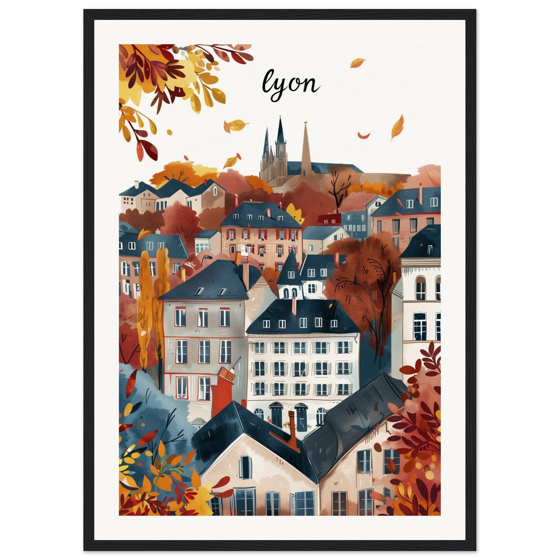 Affiche Ville Lyon ( 50x70-cm-Bois-noir)