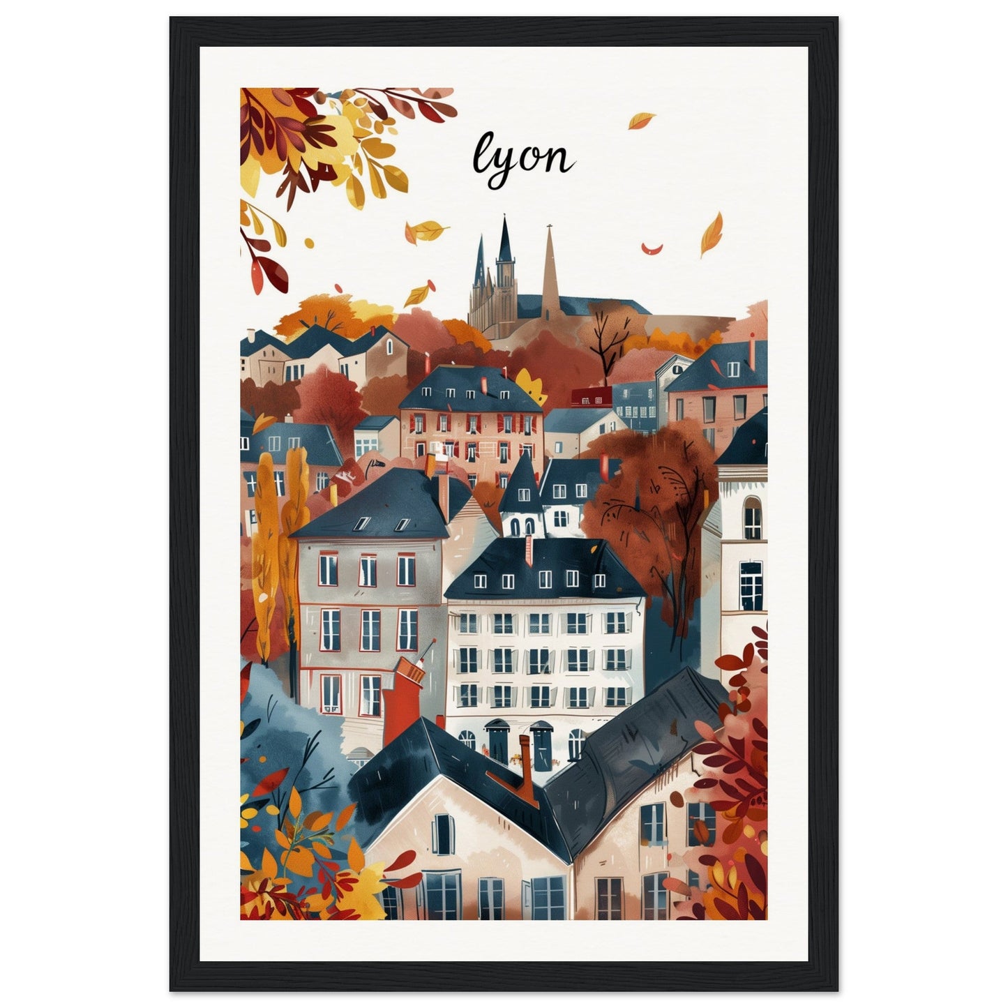 Affiche Ville Lyon ( 30x45-cm-Bois-noir)