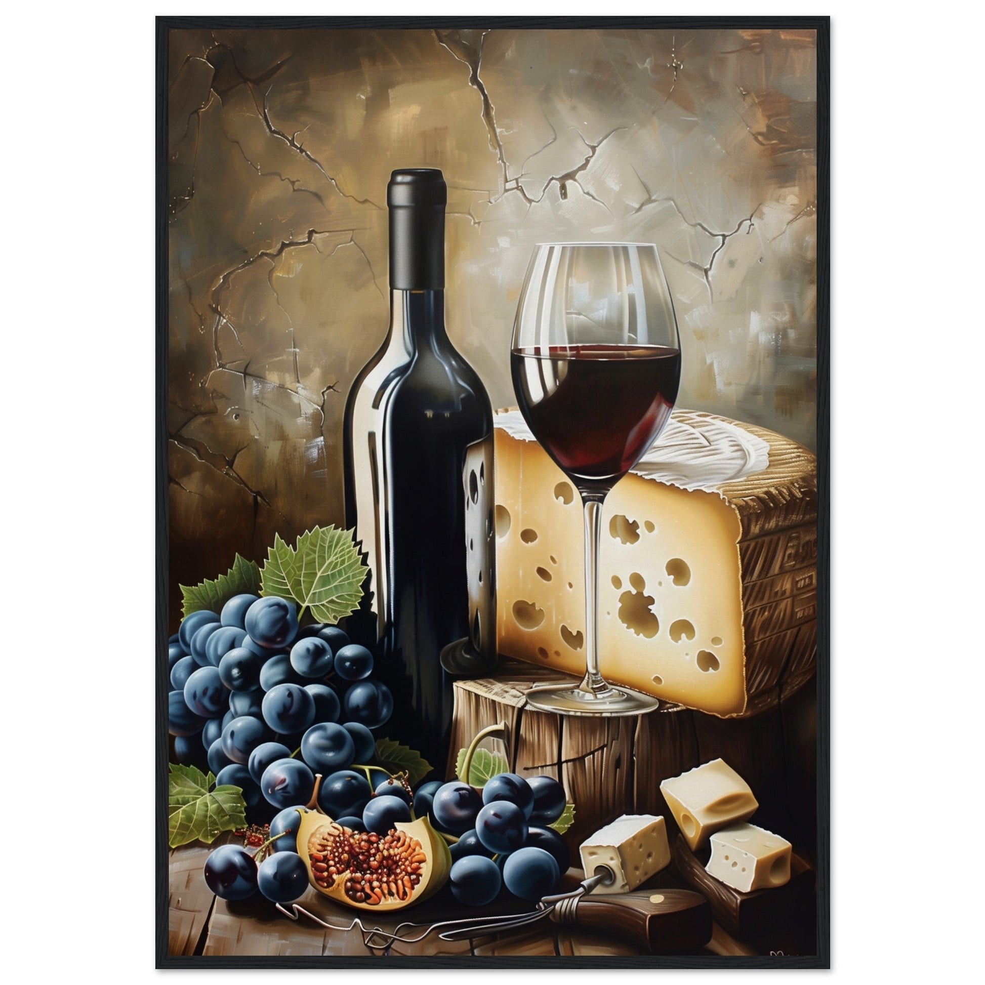 Affiche Vin et Fromage ( 70x100-cm-Bois-noir)