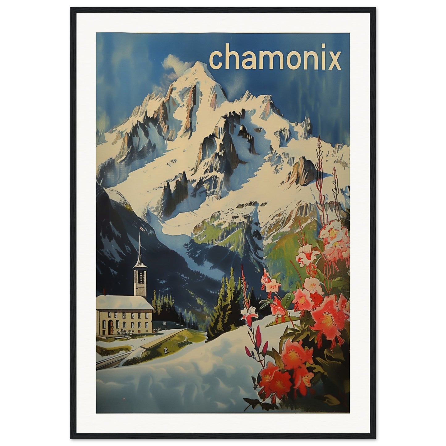 Poster Ancien Chamonix Mont Blanc ( 70x100-cm-Bois-noir)