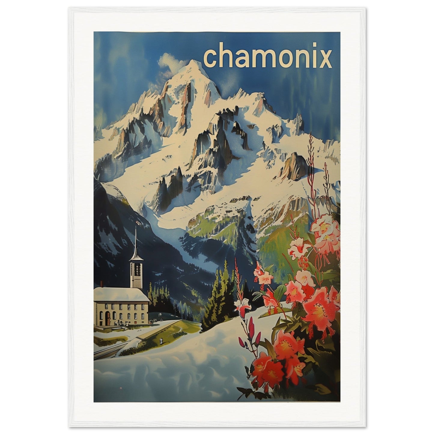 Poster Ancien Chamonix Mont Blanc ( 70x100-cm-Bois-blanc)