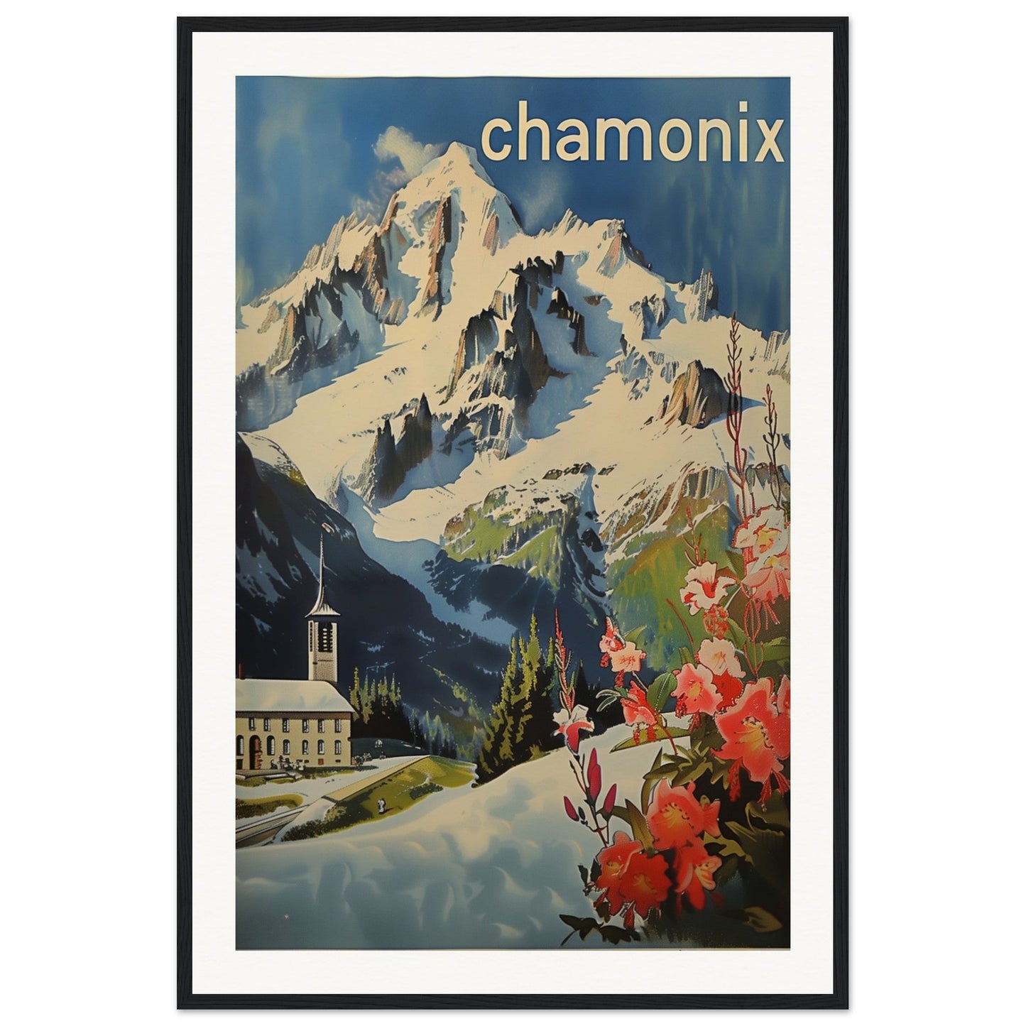 Poster Ancien Chamonix Mont Blanc ( 60x90-cm-Bois-noir)