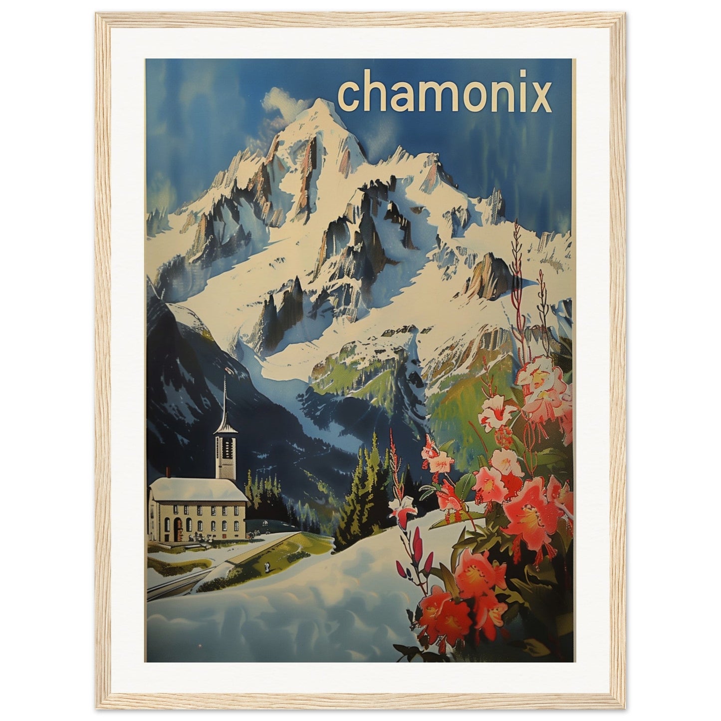 Poster Ancien Chamonix Mont Blanc ( 45x60-cm-Bois-clair)