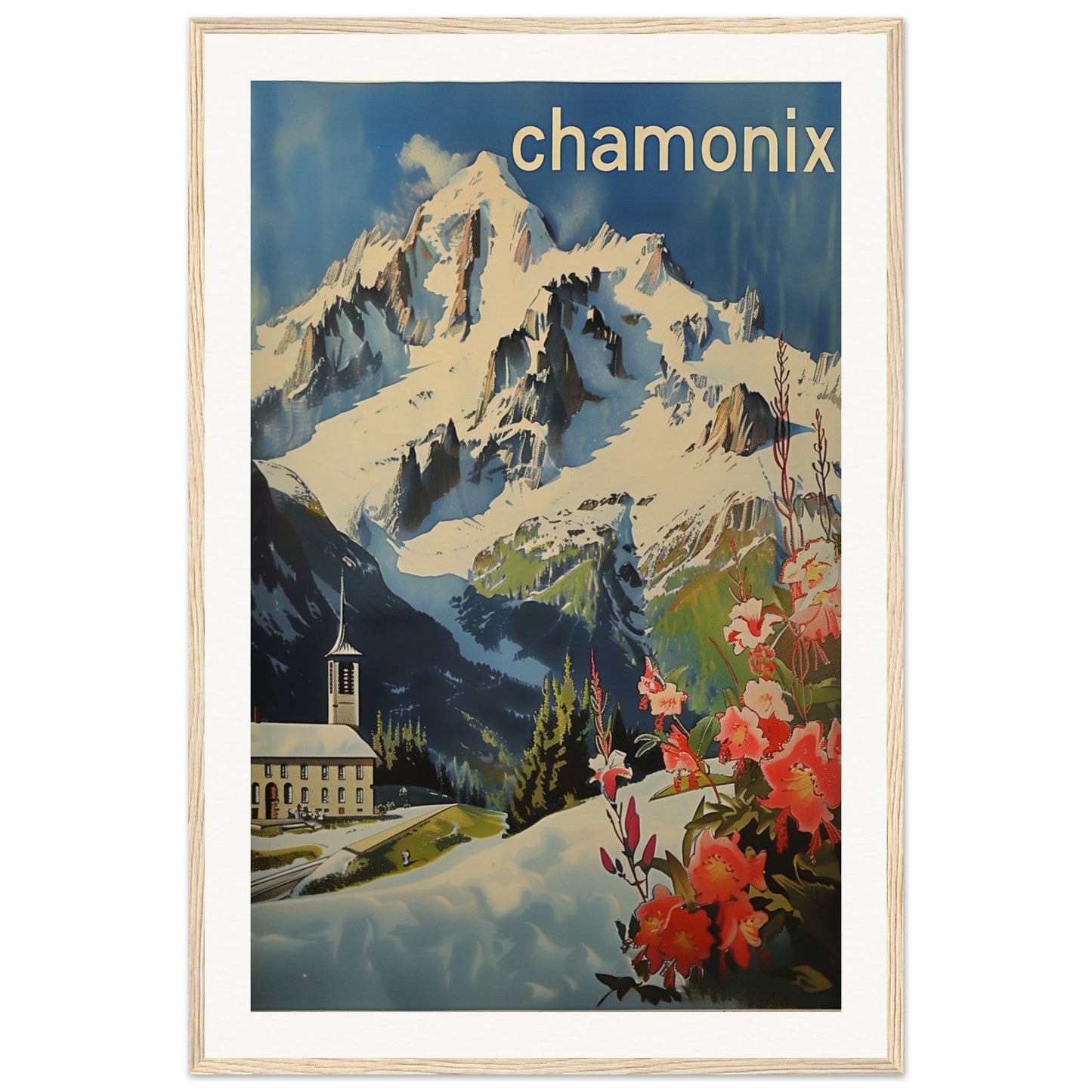 Poster Ancien Chamonix Mont Blanc ( 60x90-cm-Bois-clair)