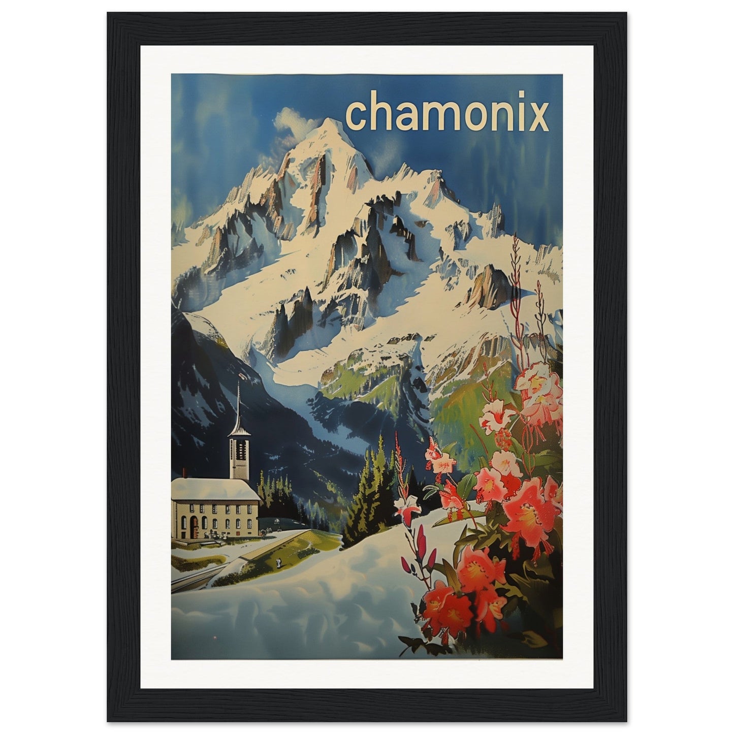 Poster Ancien Chamonix Mont Blanc ( 21x29.7-cm-Bois-noir)