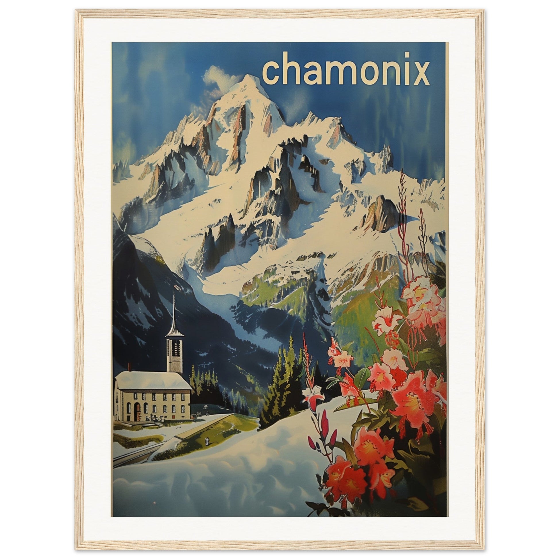 Poster Ancien Chamonix Mont Blanc ( 60x80-cm-Bois-clair)