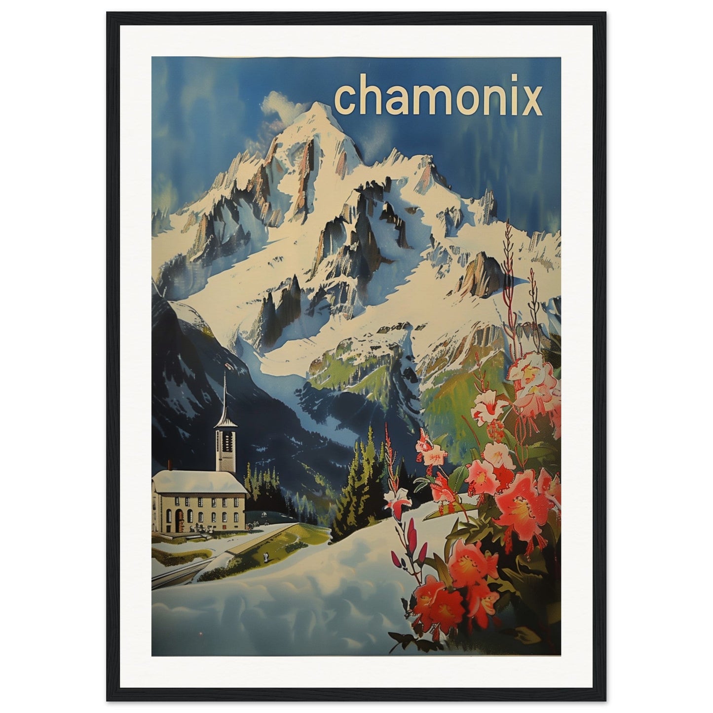 Poster Ancien Chamonix Mont Blanc ( 50x70-cm-Bois-noir)