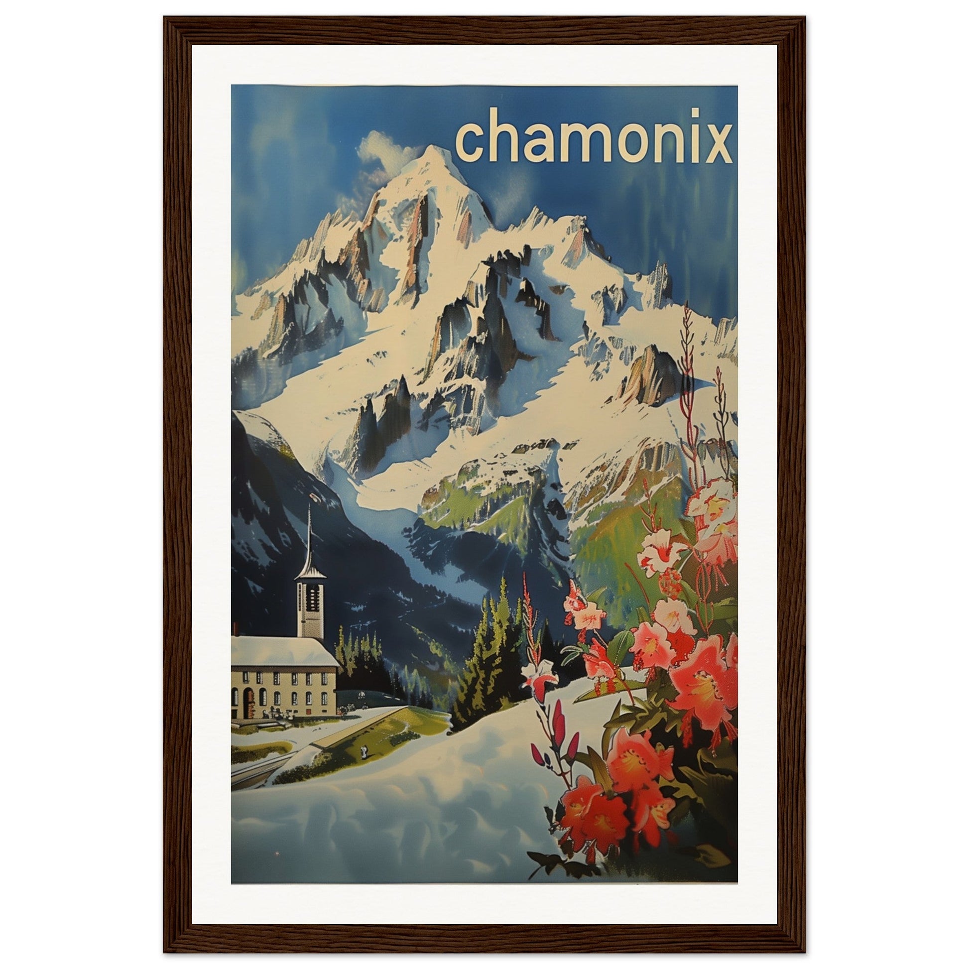 Poster Ancien Chamonix Mont Blanc ( 30x45-cm-Bois-foncé)